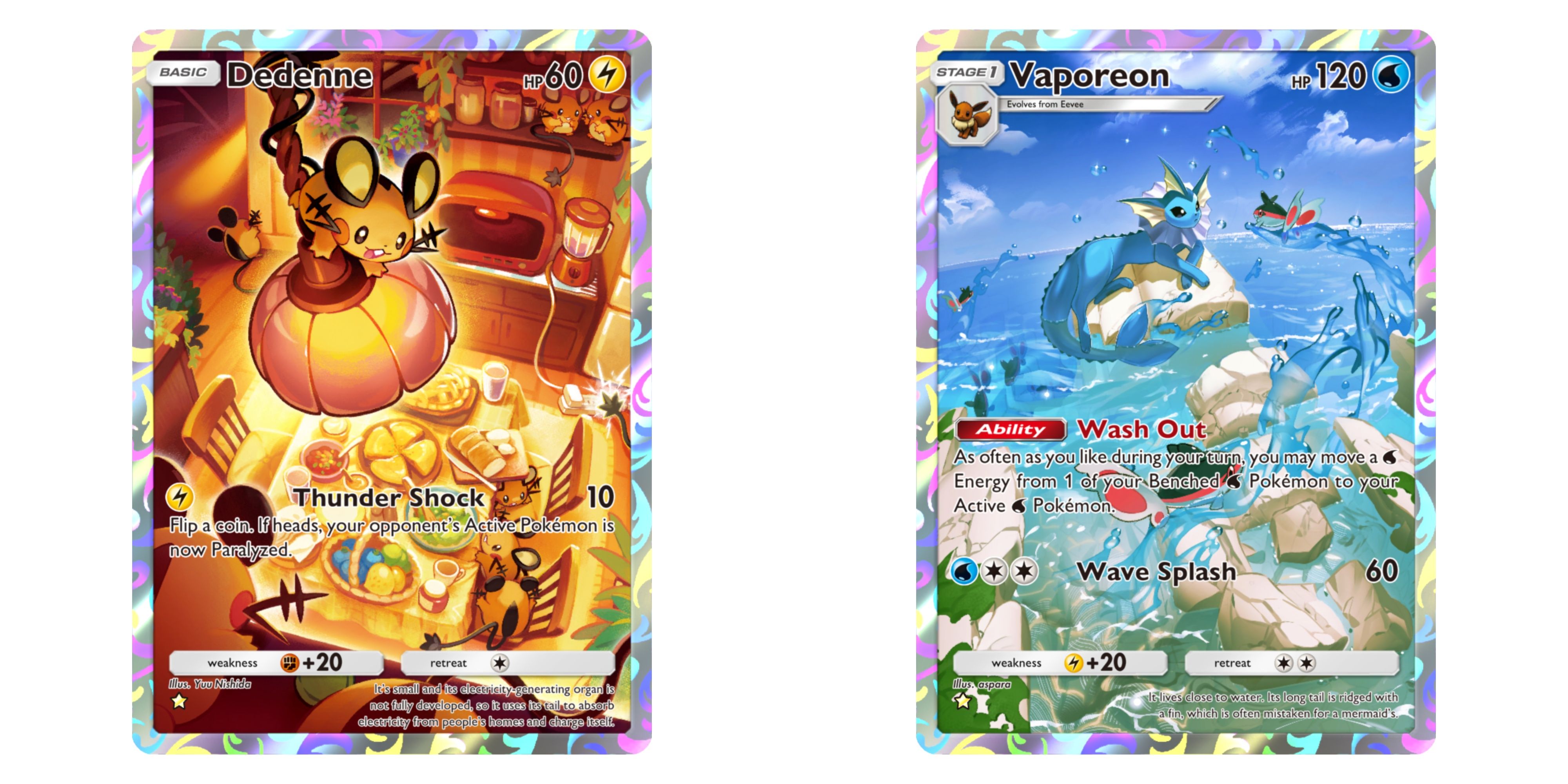 dedenne and vaporeon cards from pokemon tcg pocket's mythical island booster pack.