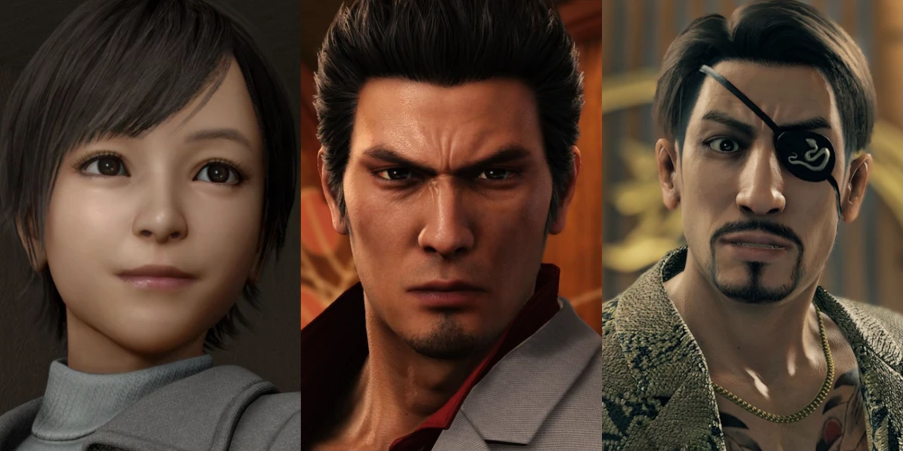 A collage of three characters from the Yakuza series. From left to right Haruka, Kiryu and Majima.