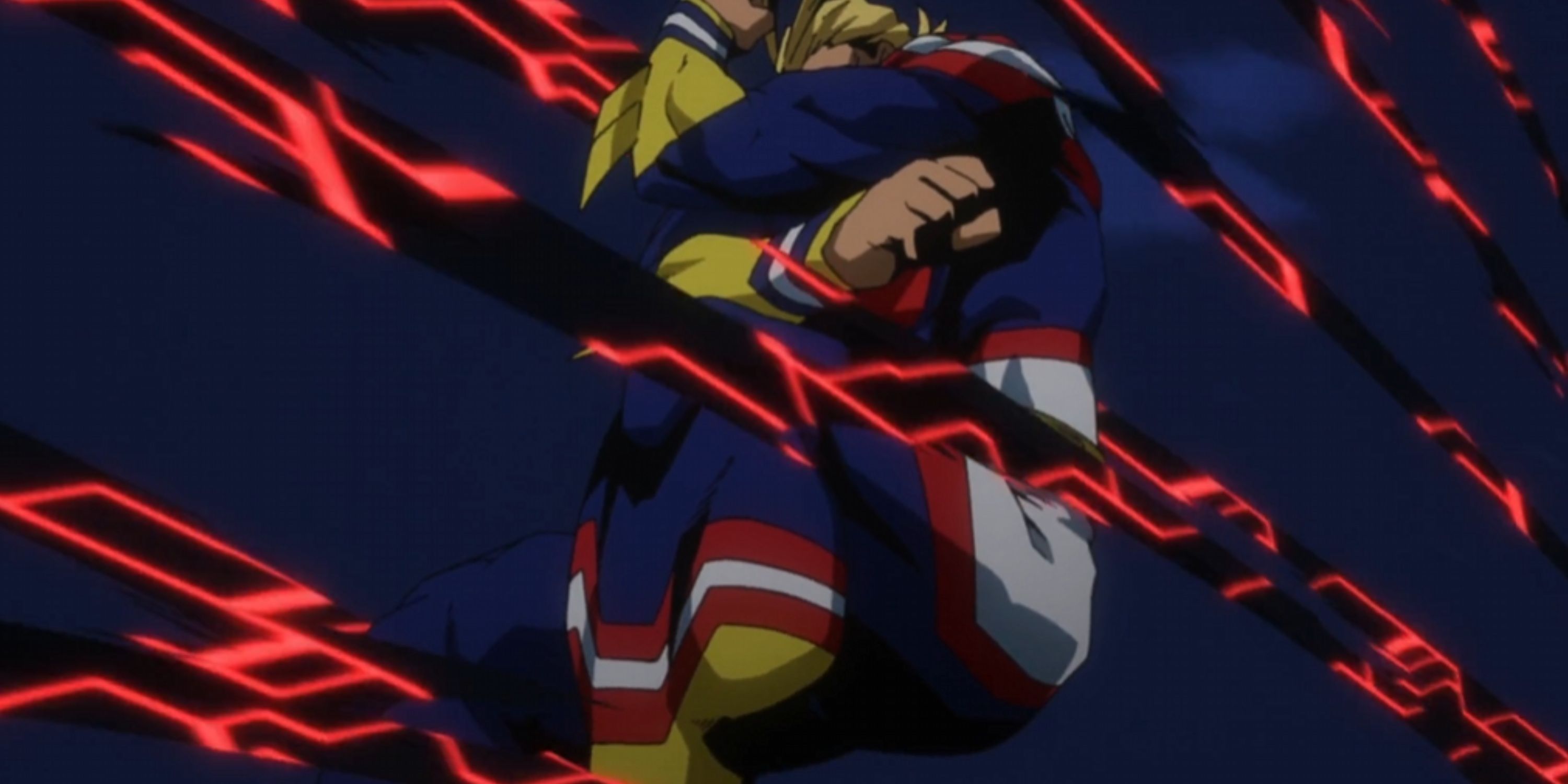 All Might guards against All For One's Rivet Stab Quirk.