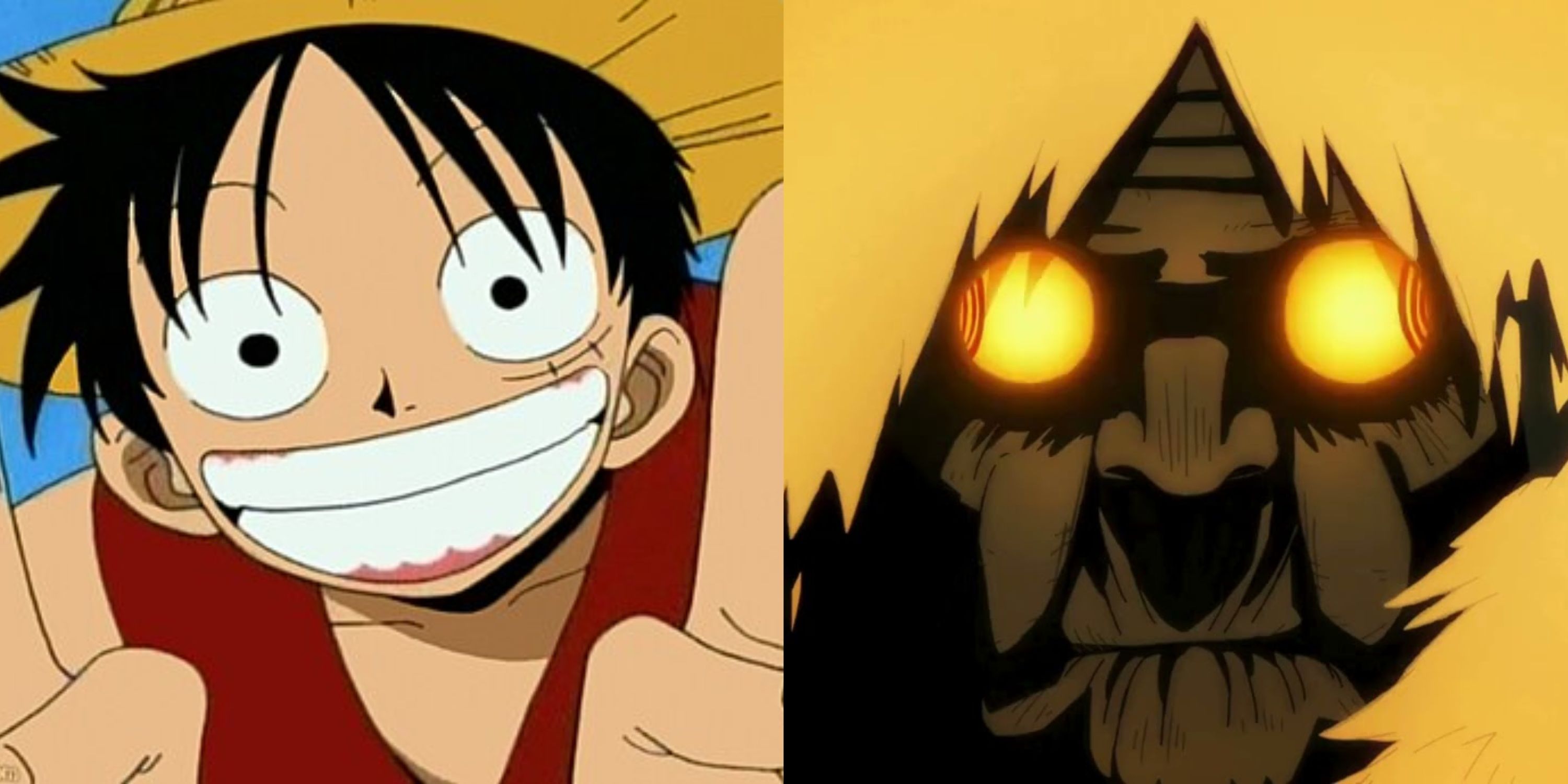 Monkey D. Luffy grins (left) and Turbo Granny looks with glowing eyes (right).