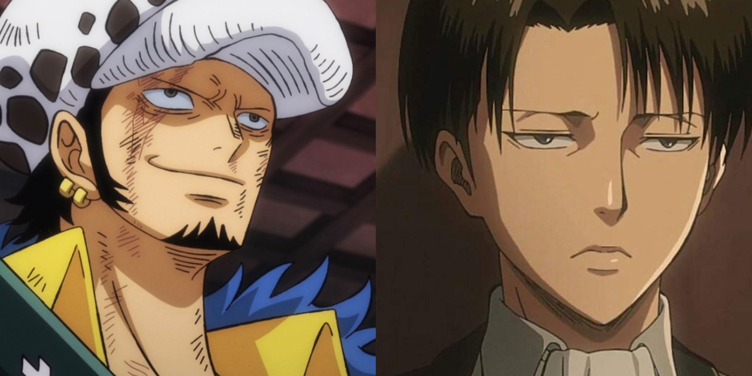 A collage of Trafalgar Law (left) and Levi Ackerman (right).