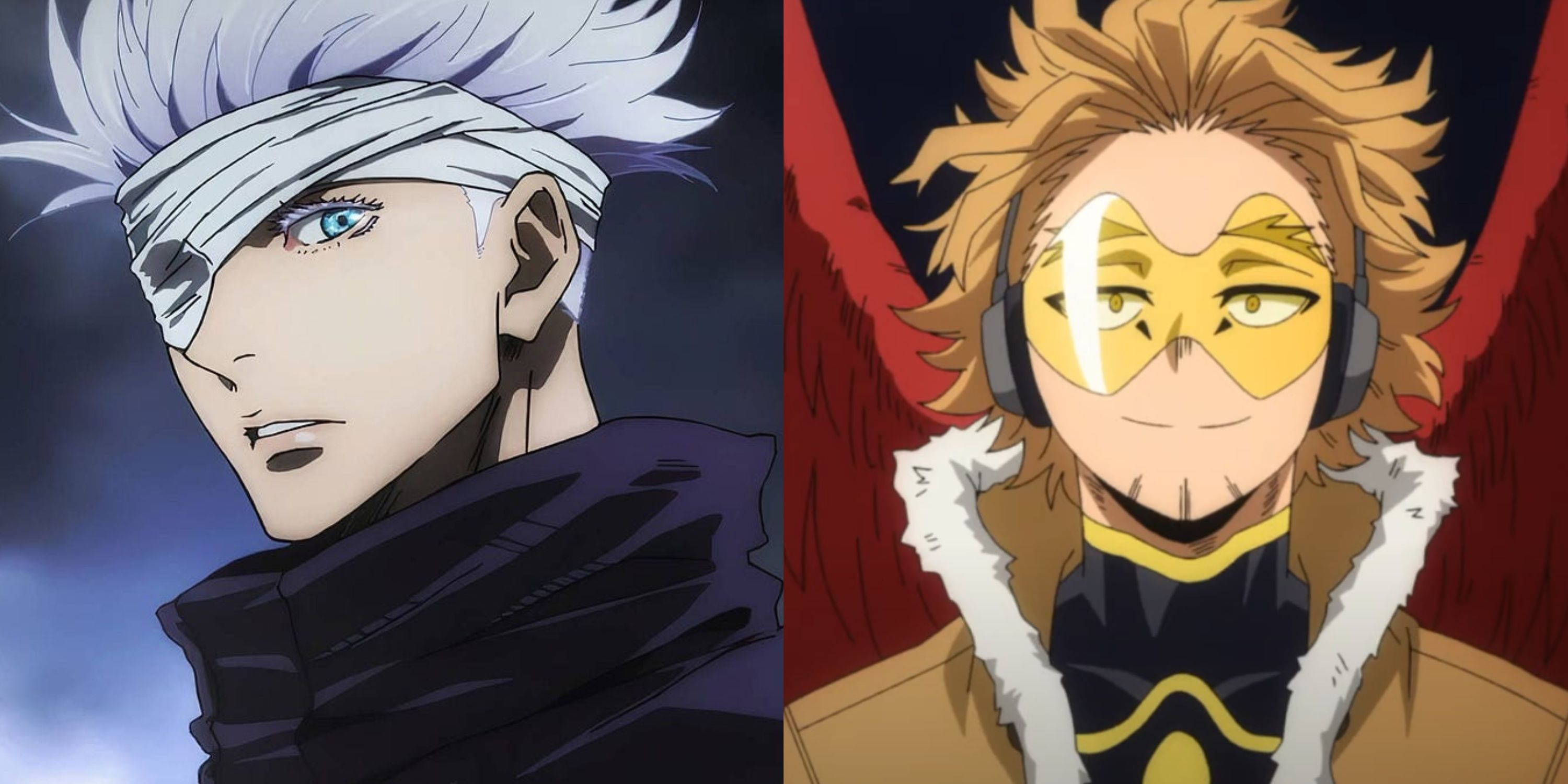 A collage of Gojo Satoru (left) and Hawks (right).