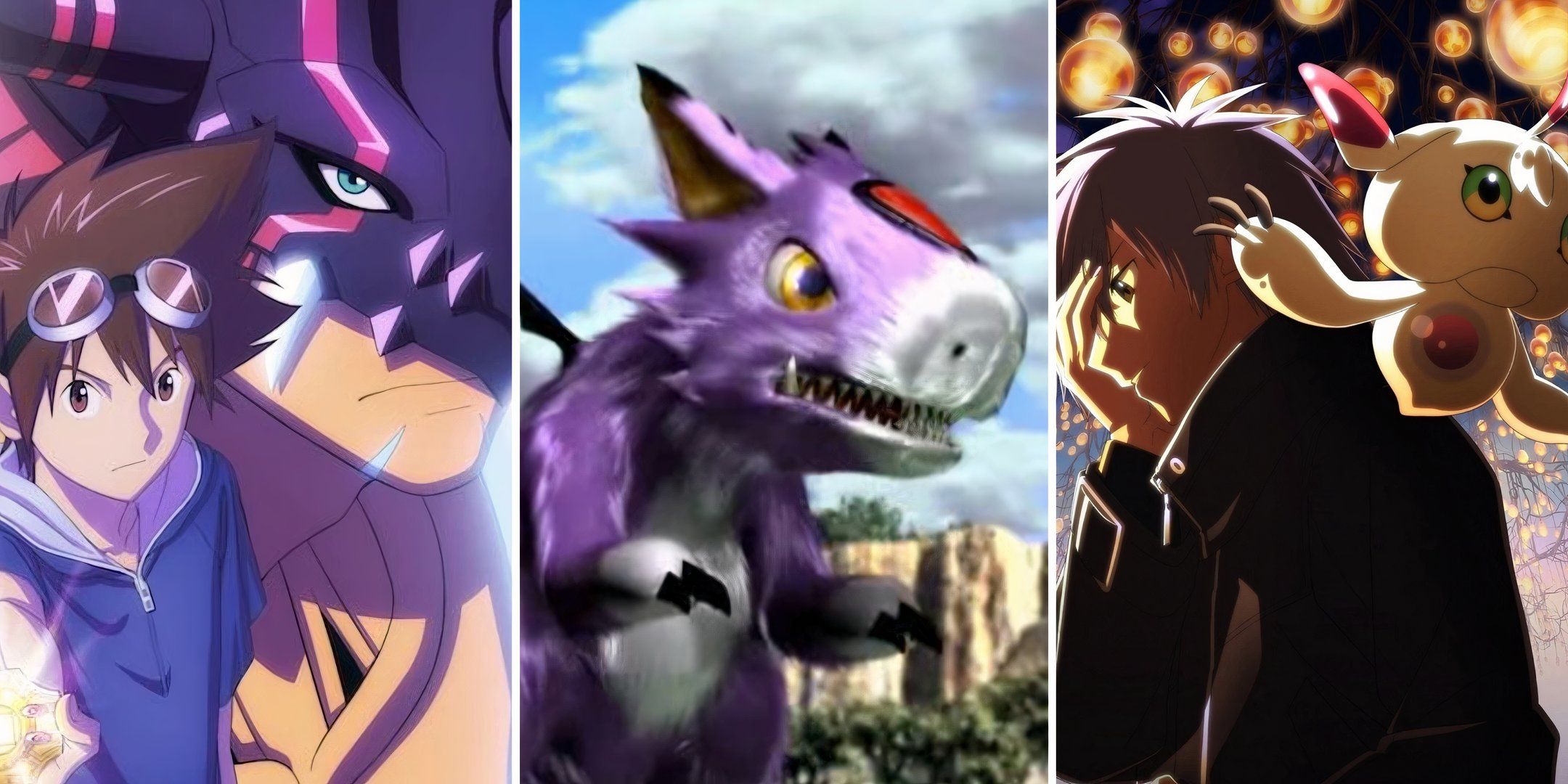 تای کامیا ، دورومون و لوی اووادا از فیلم های Digimon در یک کولاژ