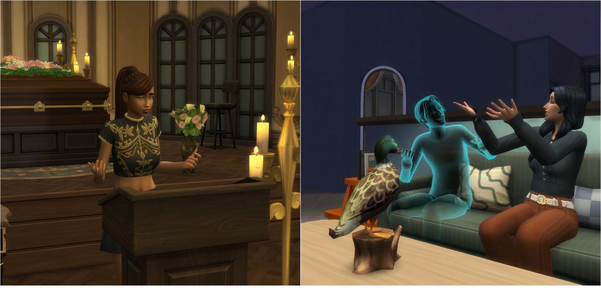 Left: A Sim hosts a funeral. Right: Two Sims, one human and one ghost, converse on a couch.