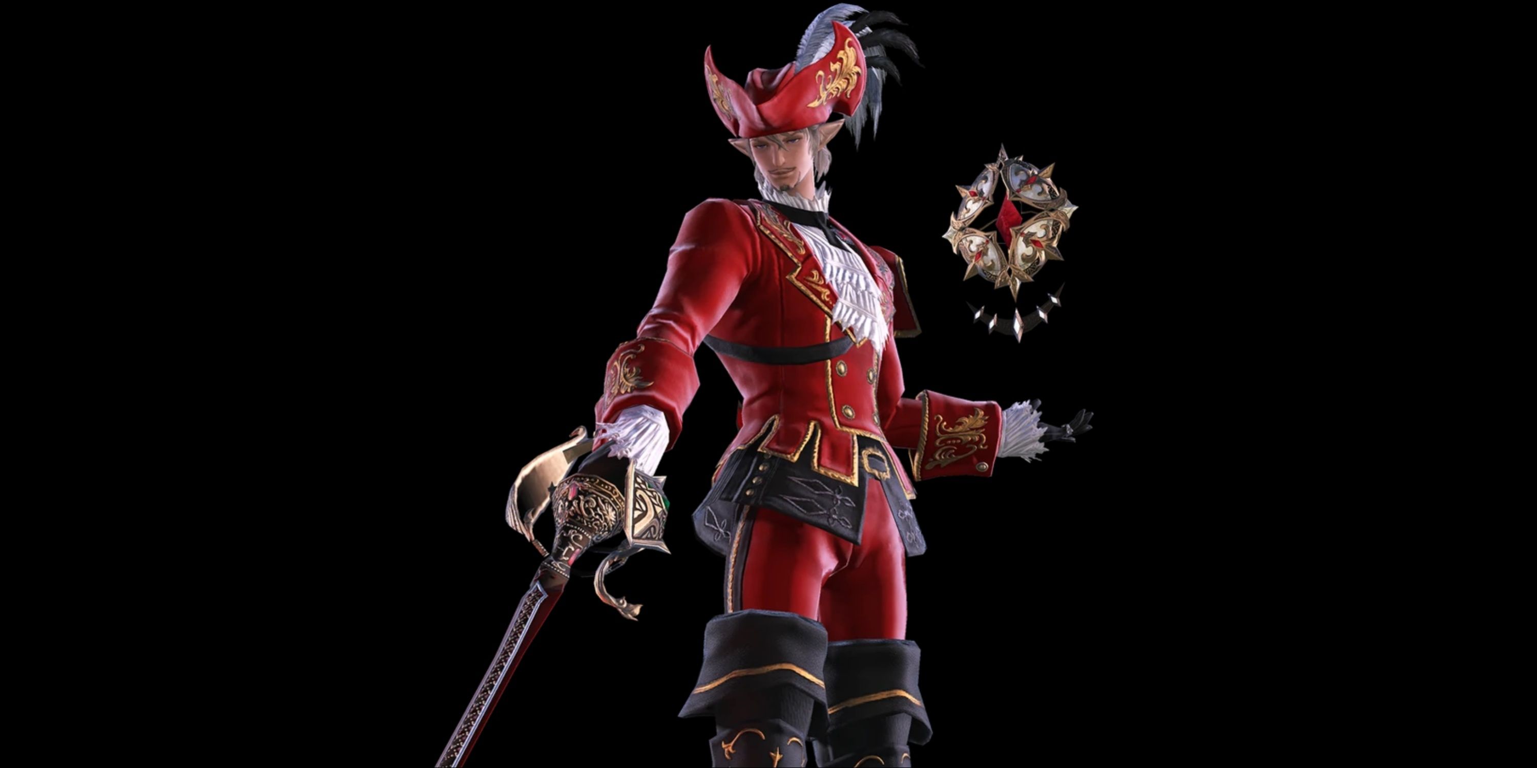 An Elezen Red Mage with his sword drawn.