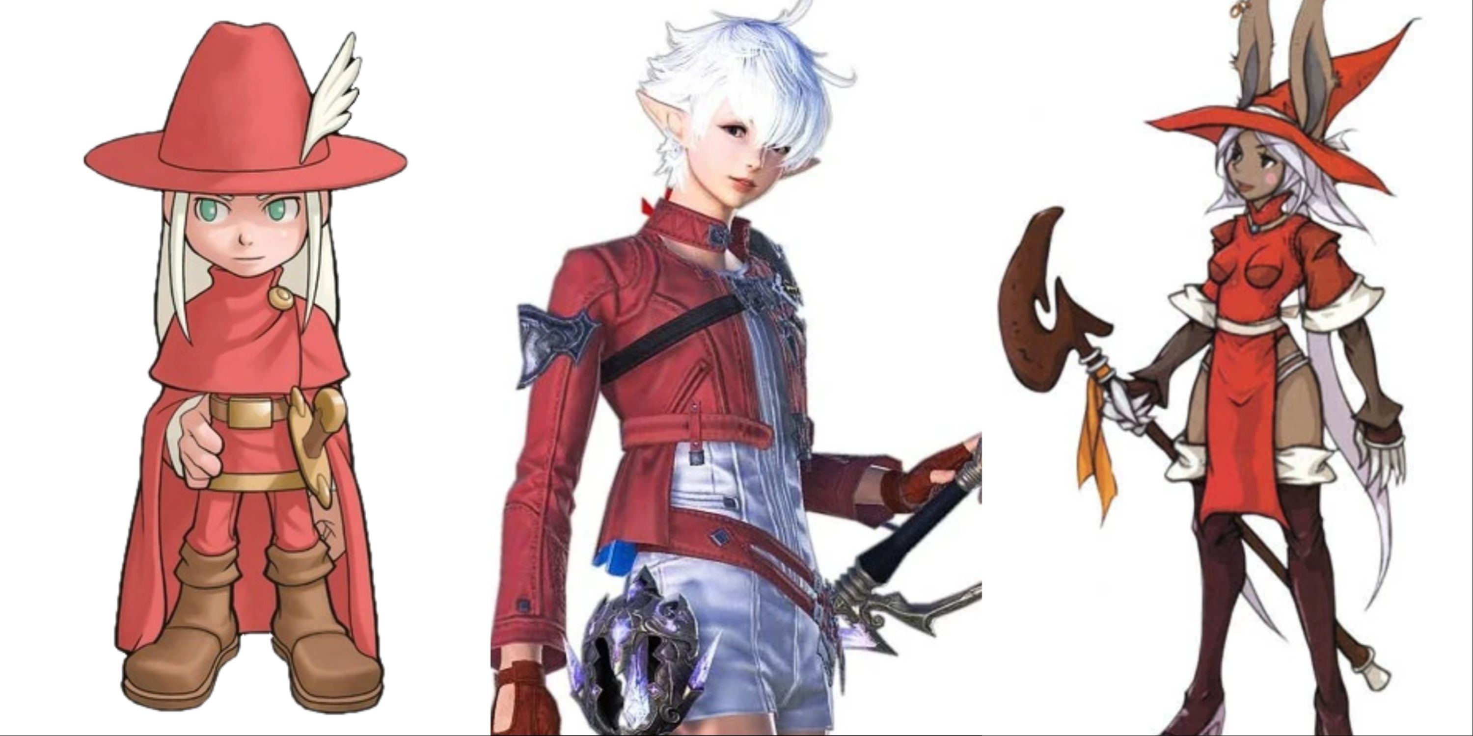 A collage of three Red Mages from Final Fantasy. From left to right - the Final Fantasy 1 Red Mage, Alisaie Leveilleur from Final Fantasy 14, and the Final Fantasy Tactics Advance Red mage.