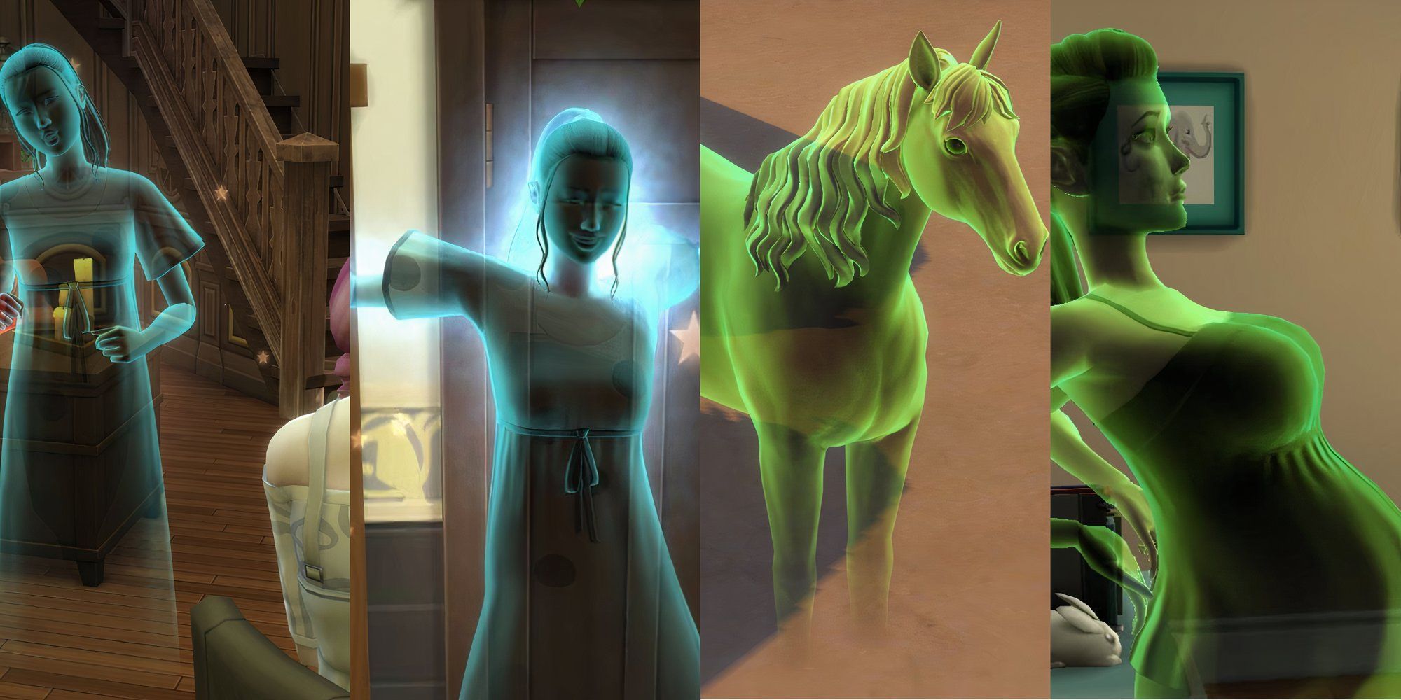 Four-way collage showing different ghosts in The Sims 4.