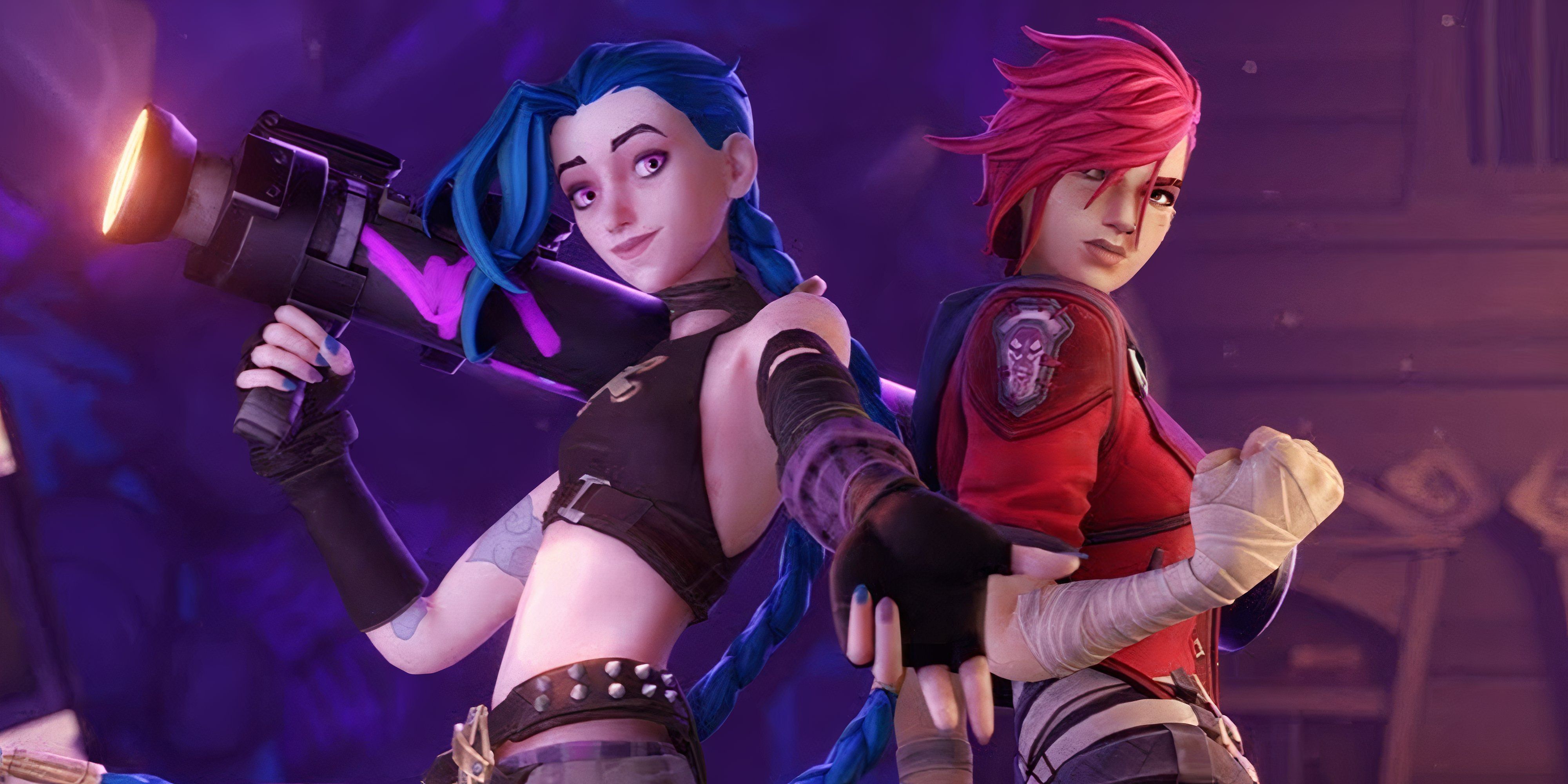 vi and jinx's arcane fortnite skins standing back to back.