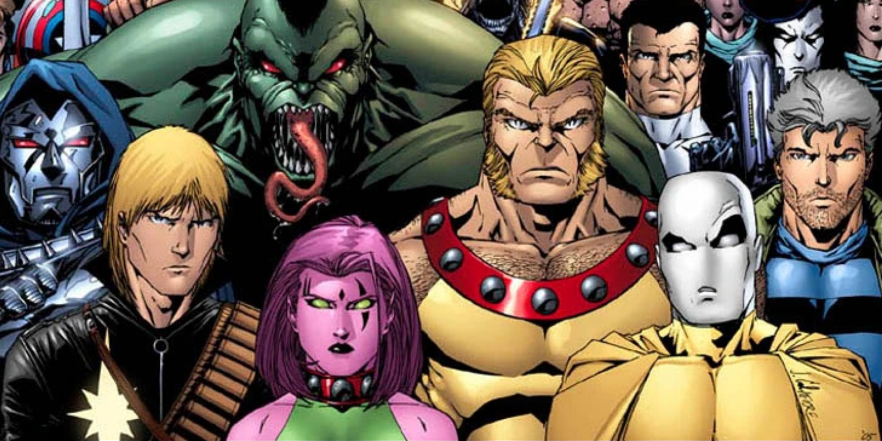 A group shot of multiple members of the Marvel Comics team The Exiles.