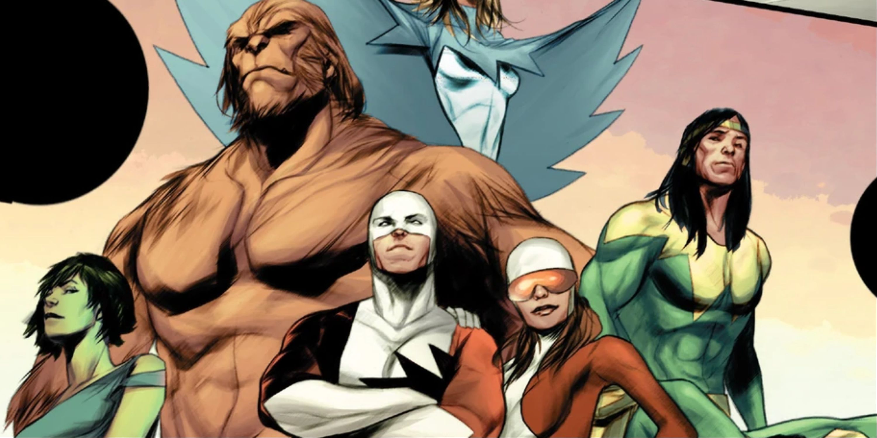 Several members of Marvel Comics Alpha Flight team, posing for a photoshoot.