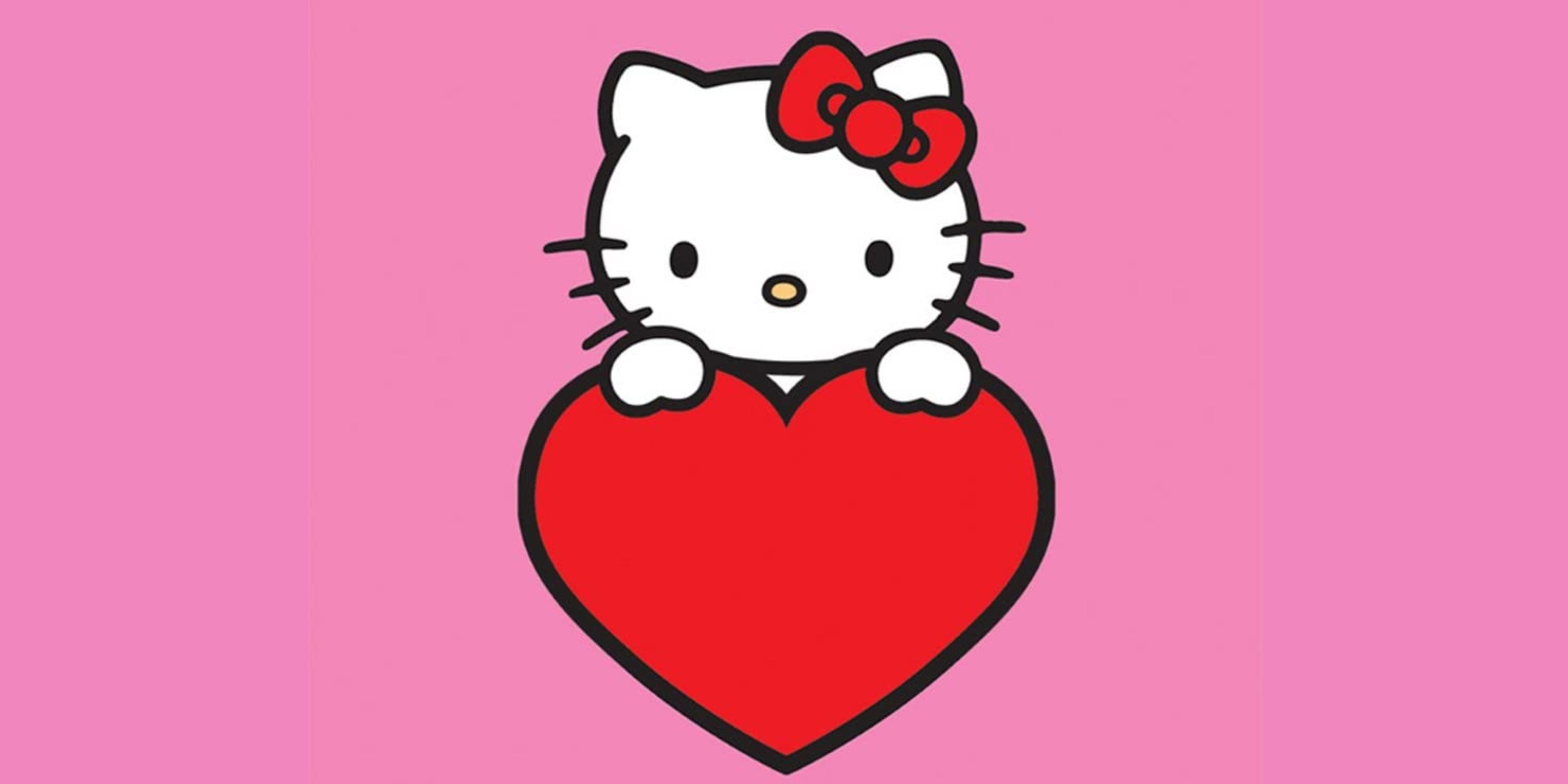 hello kitty on a red heart in front of a pink background.