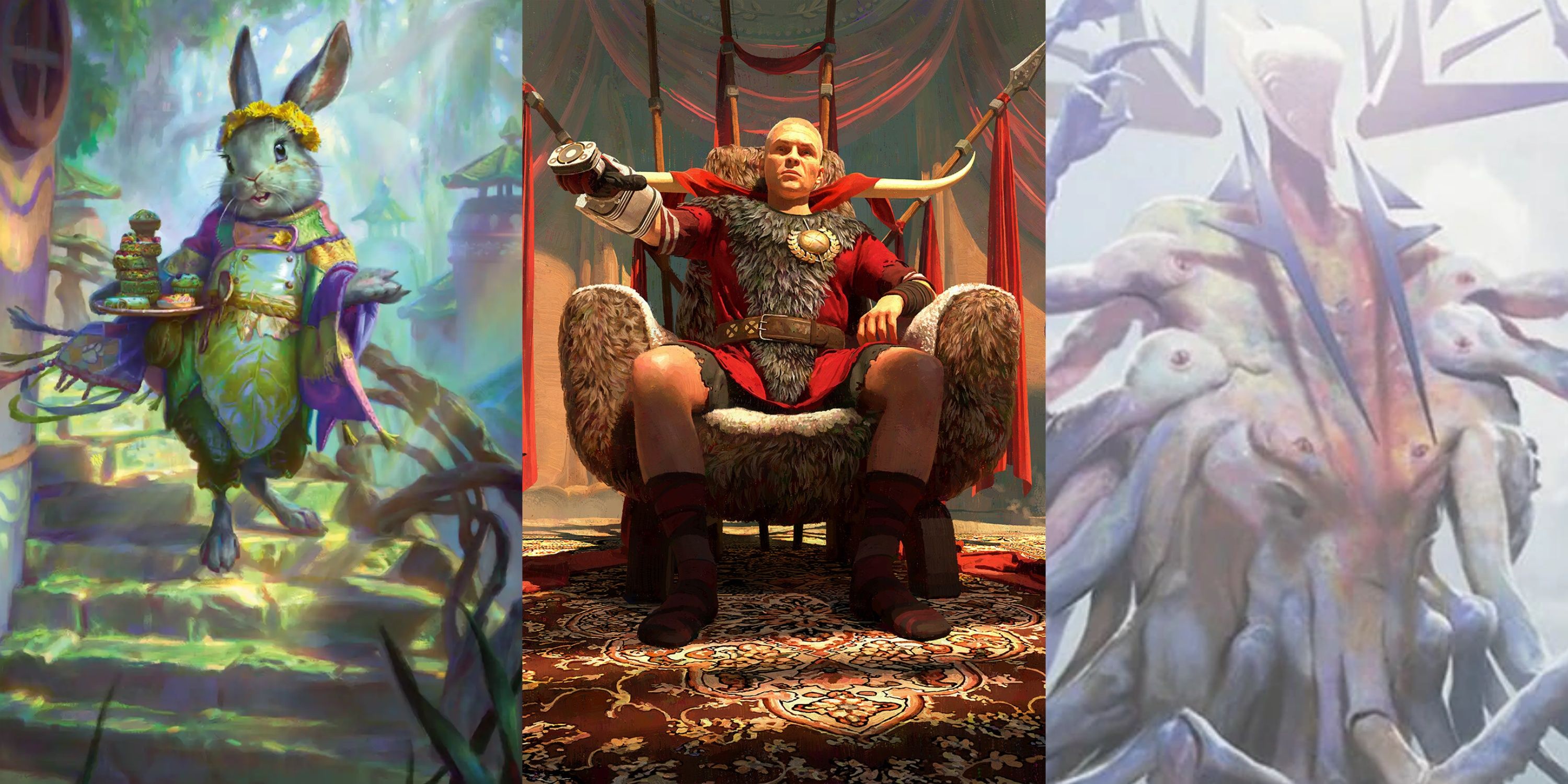 MTG art for Ms. Bumbleflower, Caesar, and Ulalek.