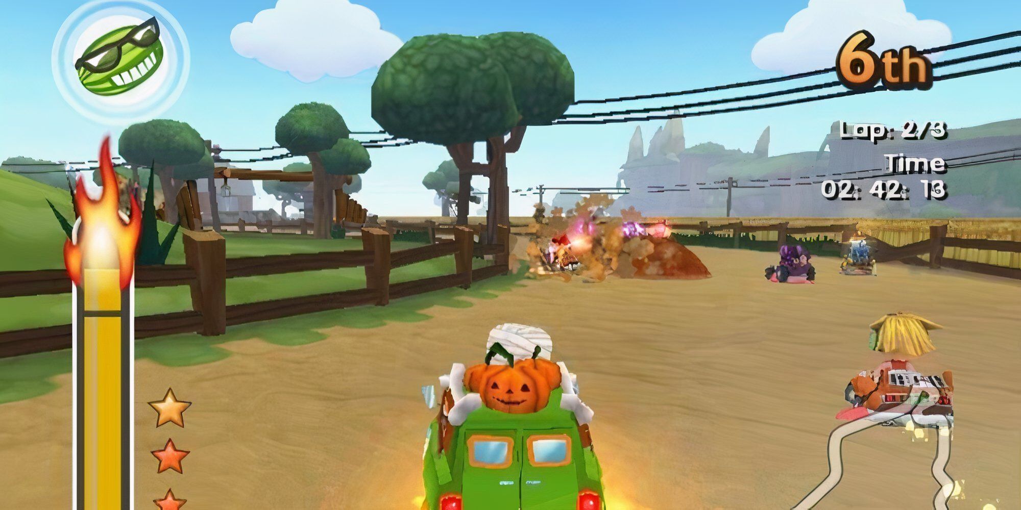 A kart careens along the track towards a pile of burning leaves in MySims Racing.