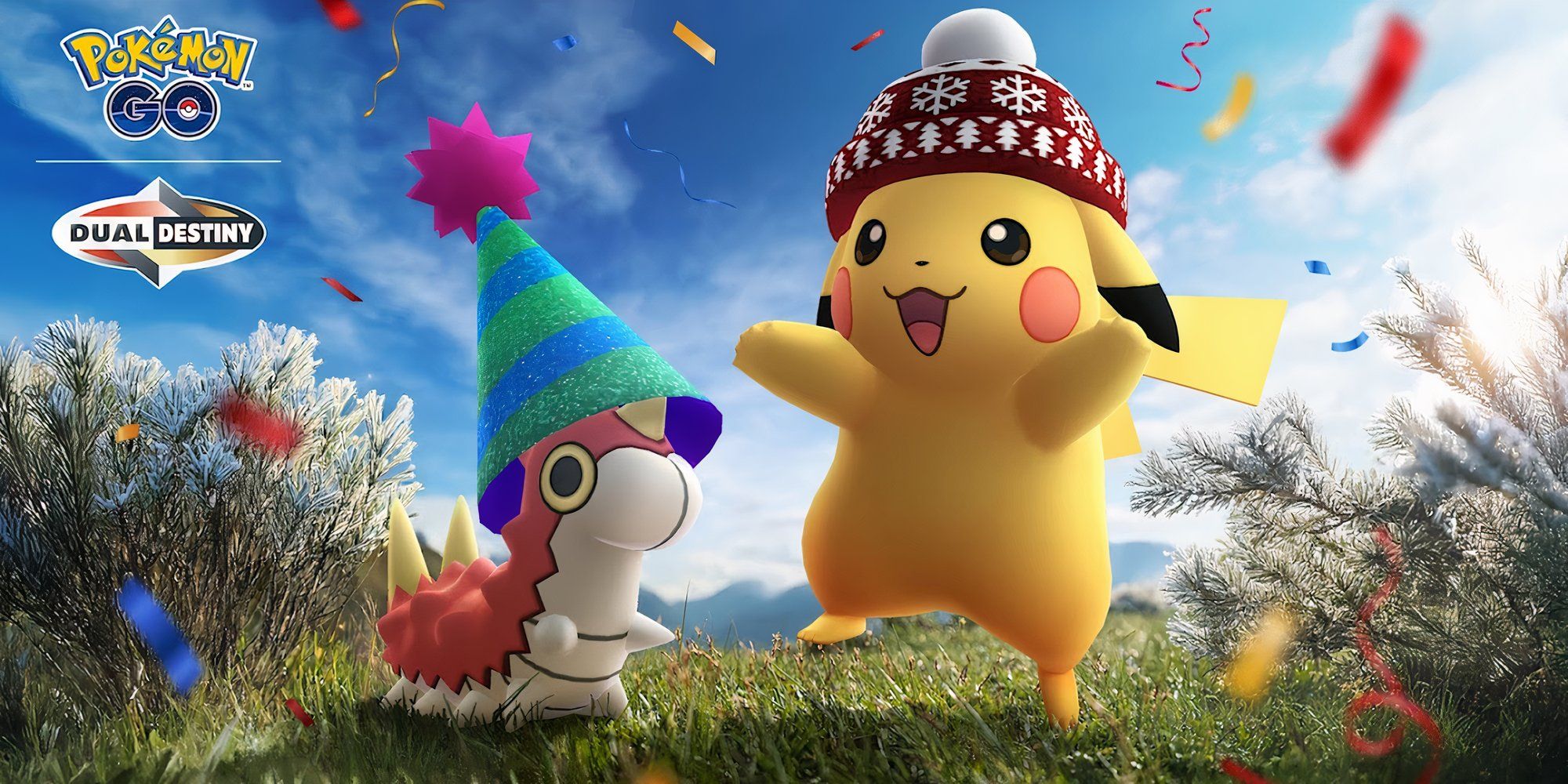 Wurmple in a party hat and Pikachu in a winter hat from Pokemon Go.