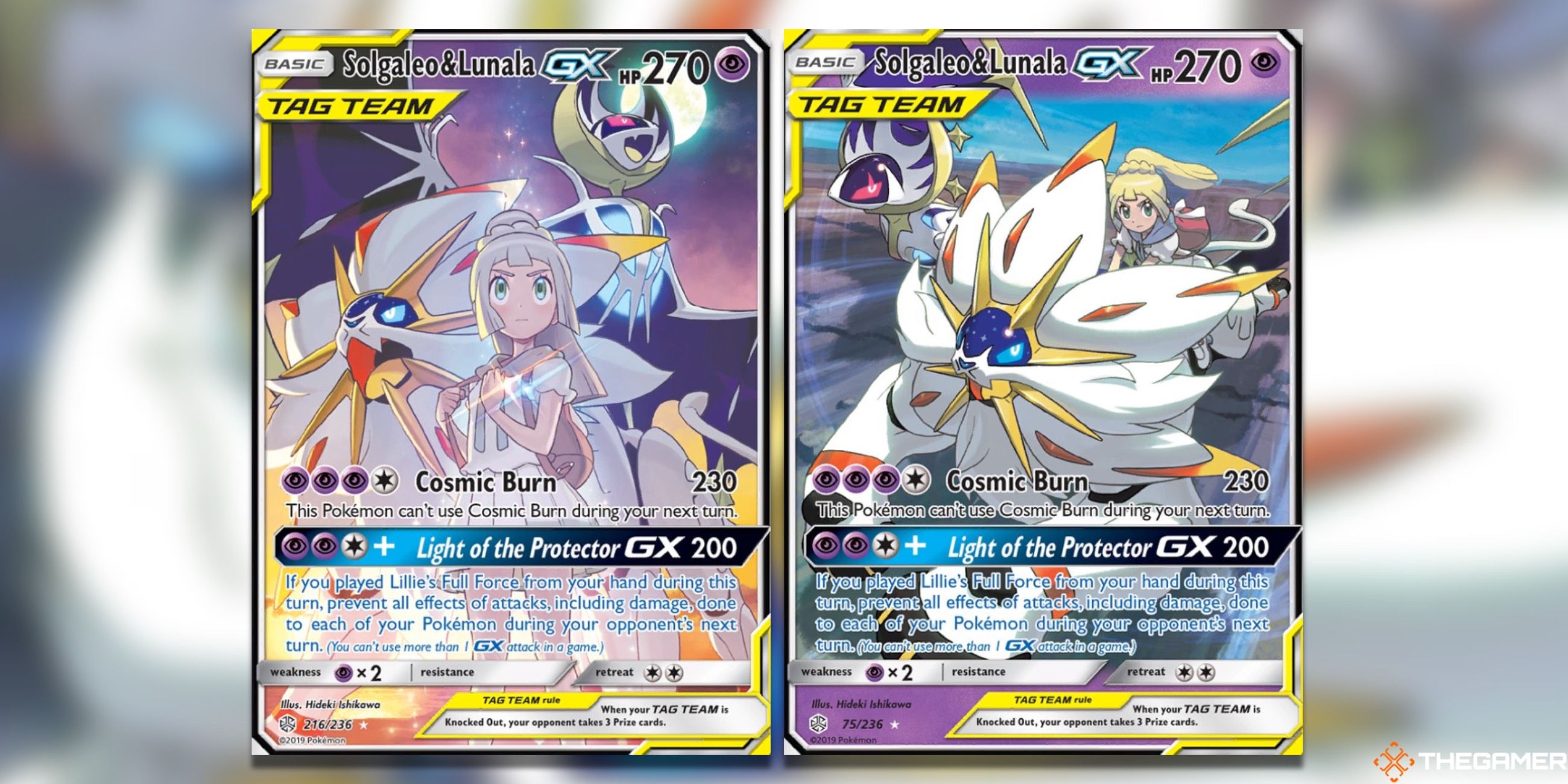 The Solgaleo & Lunala GX Full Art and Ultra Rare from Cosmic Eclipse in the Pokemon TCG.