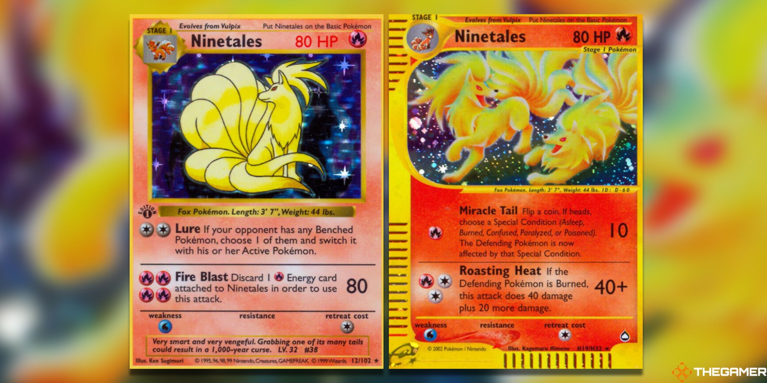 Ninetales from the Base Set and Aquapolis in the Pokemon TCG.