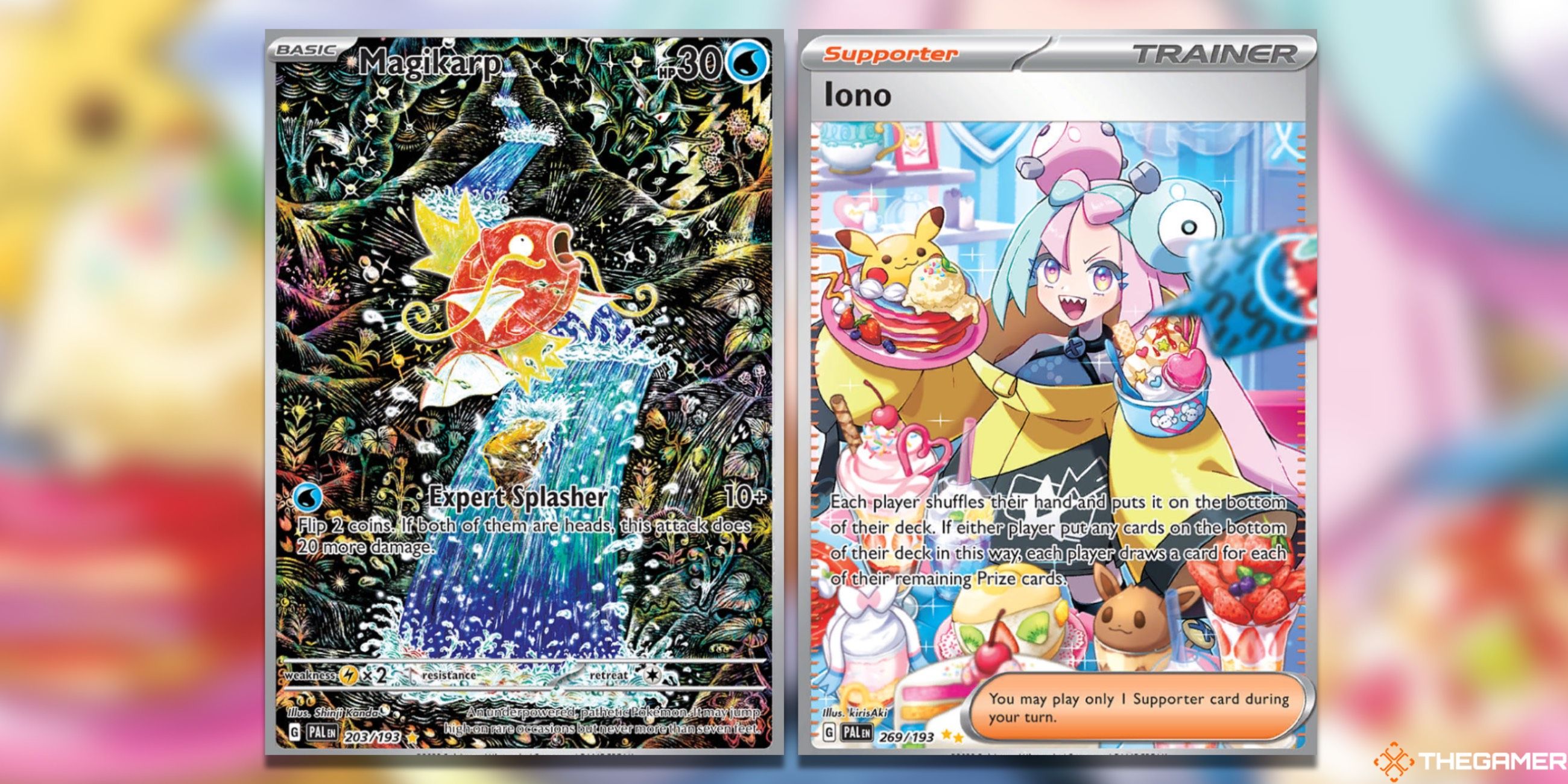 The Magikarp Illustration Rare and Iono Special Illustration cards from Paldea Evolved in the Pokemon TCG.