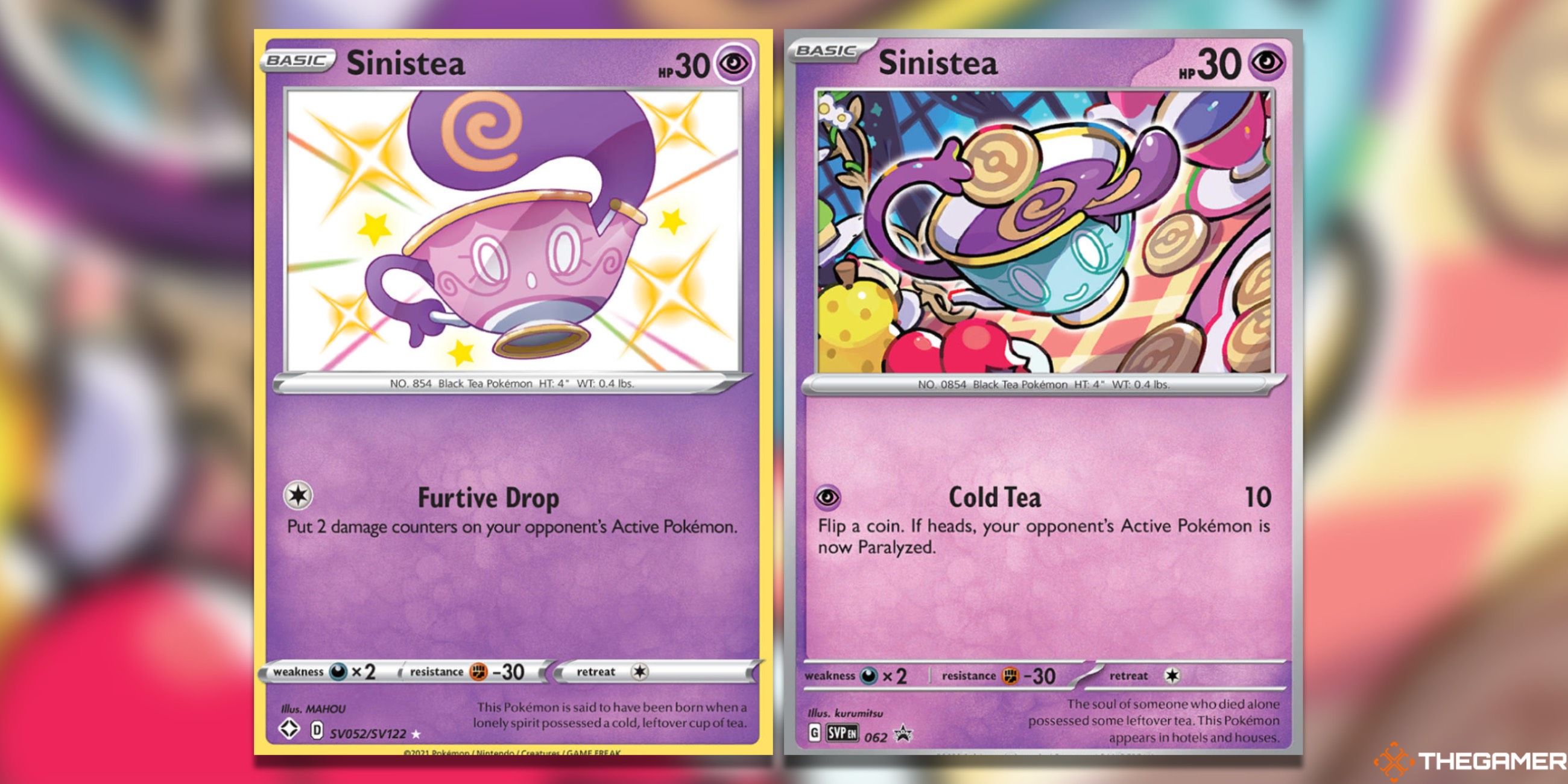 The Sinistea from Shining Fates and S&V Promos in the Pokemon TCG.