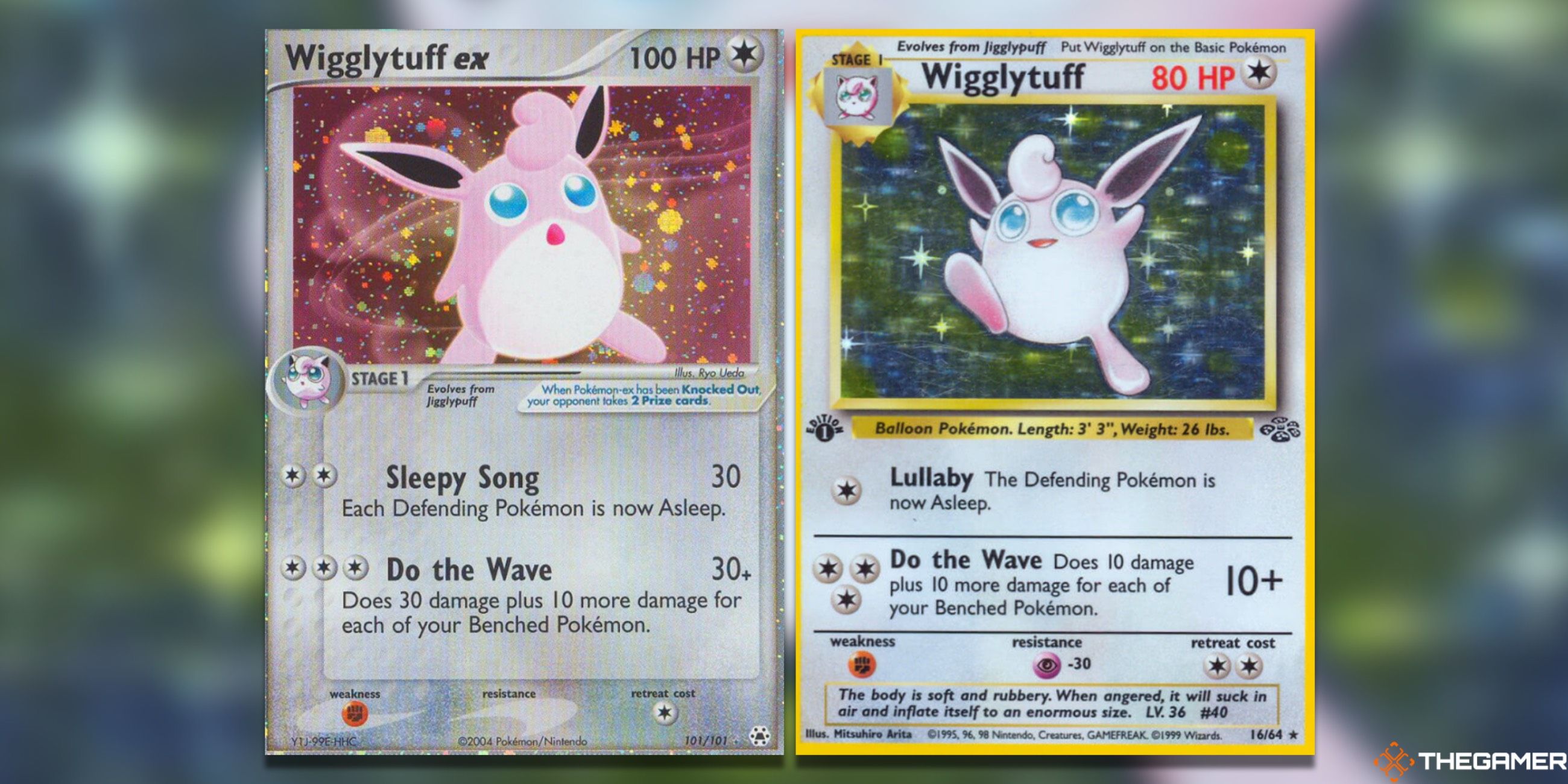 The Wigglytuff Holo Rare from Hidden Legends (left) and Jungle (right) from the Pokemon TCG.