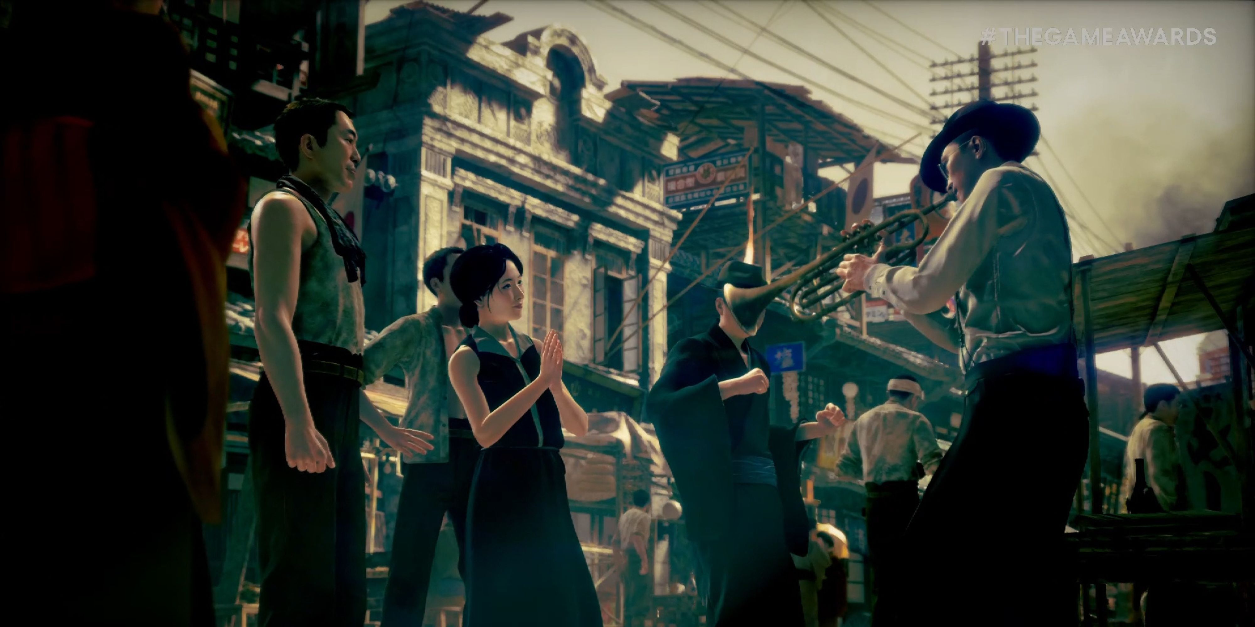 Man playing a trumpet in the streets of 1915 Japan in the Project Century reveal trailer.