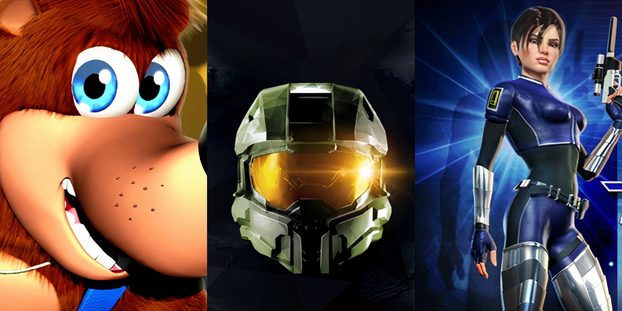 Promo art for Banjo-Kazooie XBLA, key art for Halo The Master Chief Collection and key art for Perfect Dark XBLA.