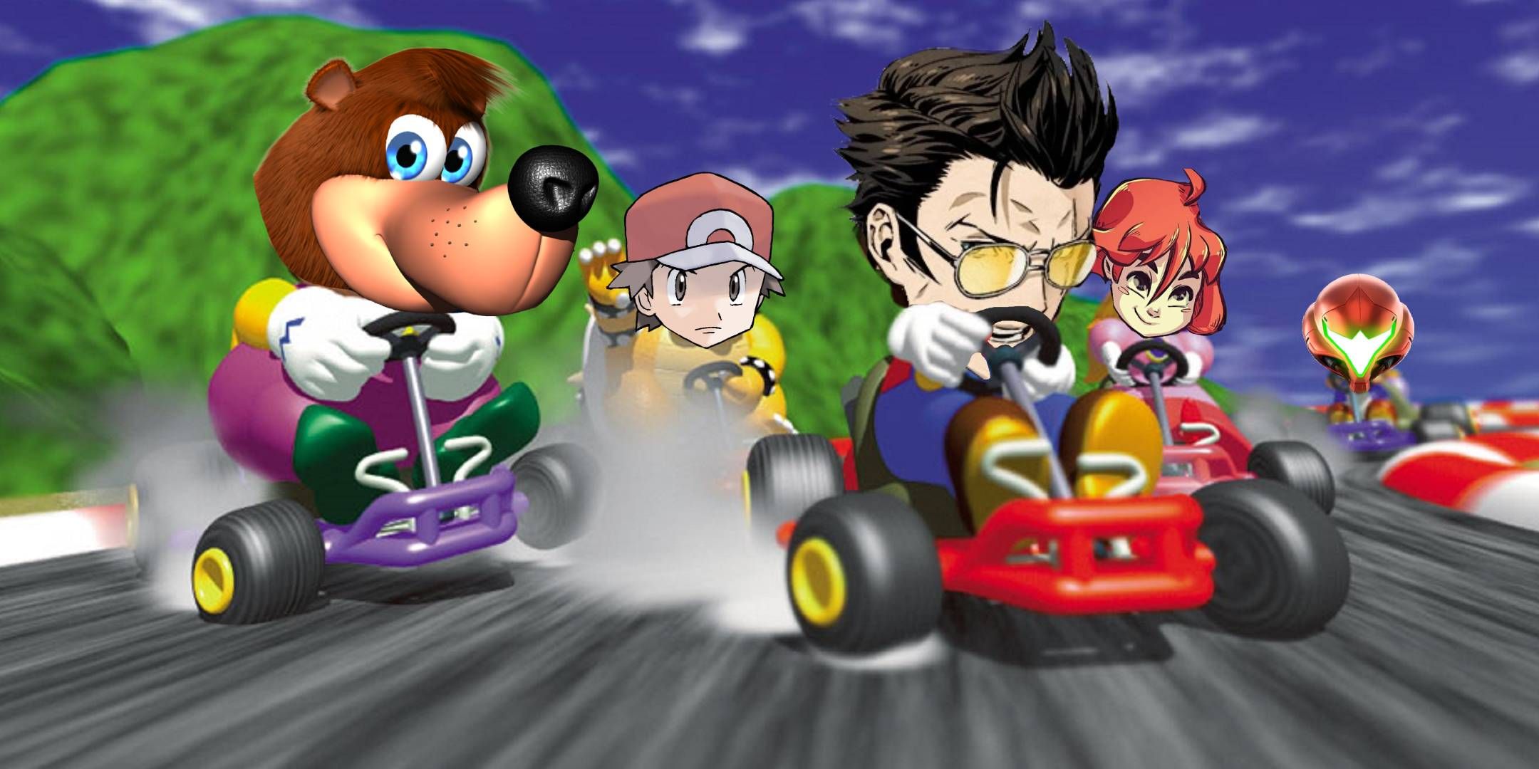 Promo art from Mario Kart 64 with Banjo, Red, Travis Touchdown, Madeline, and Samus superimposed over the racers' heads.