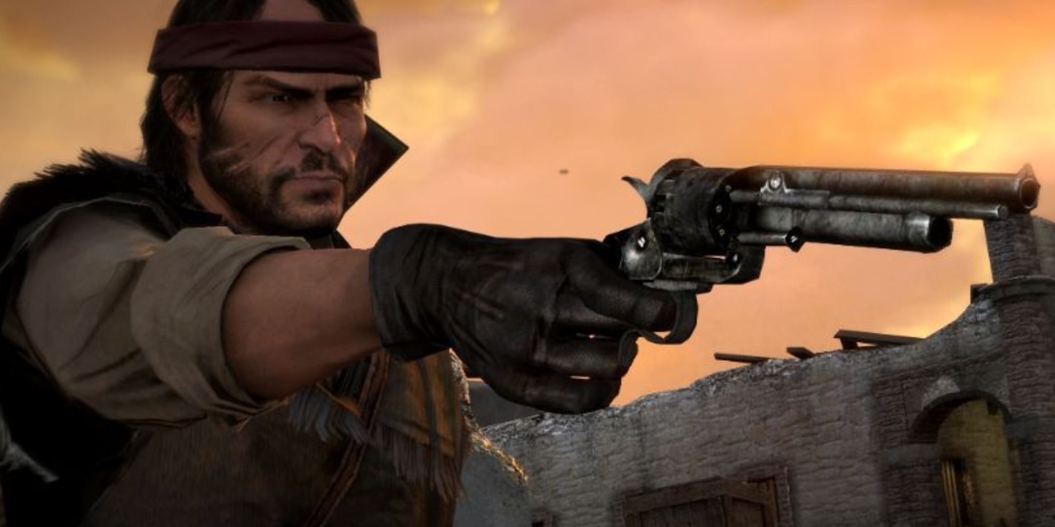 Red Dead Redemption screenshot of John Marston aiming his LeMat Revolver.