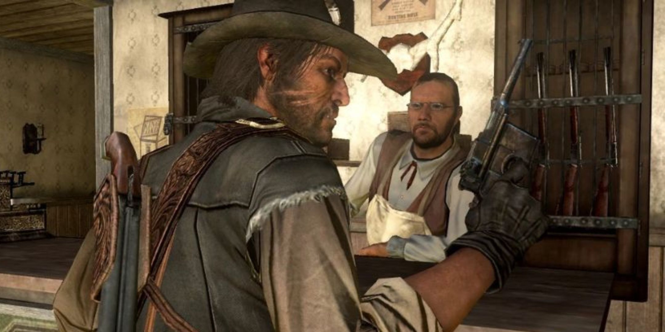 Red Dead Redemption screenshot of John Marston checking the Mauser Pistol in store.