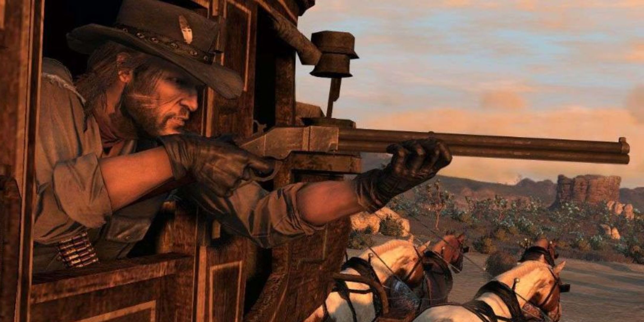 Red Dead Redemption screenshot of John Marston firing a Henry Repeater from a carriage.