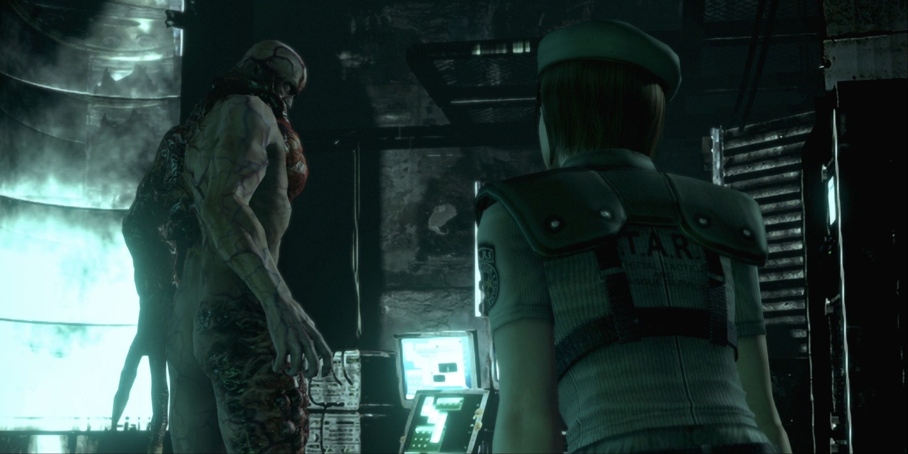 Resident Evil 2015 HD Remaster - Jill looking up at a Tyrant in the mansion's lab area.