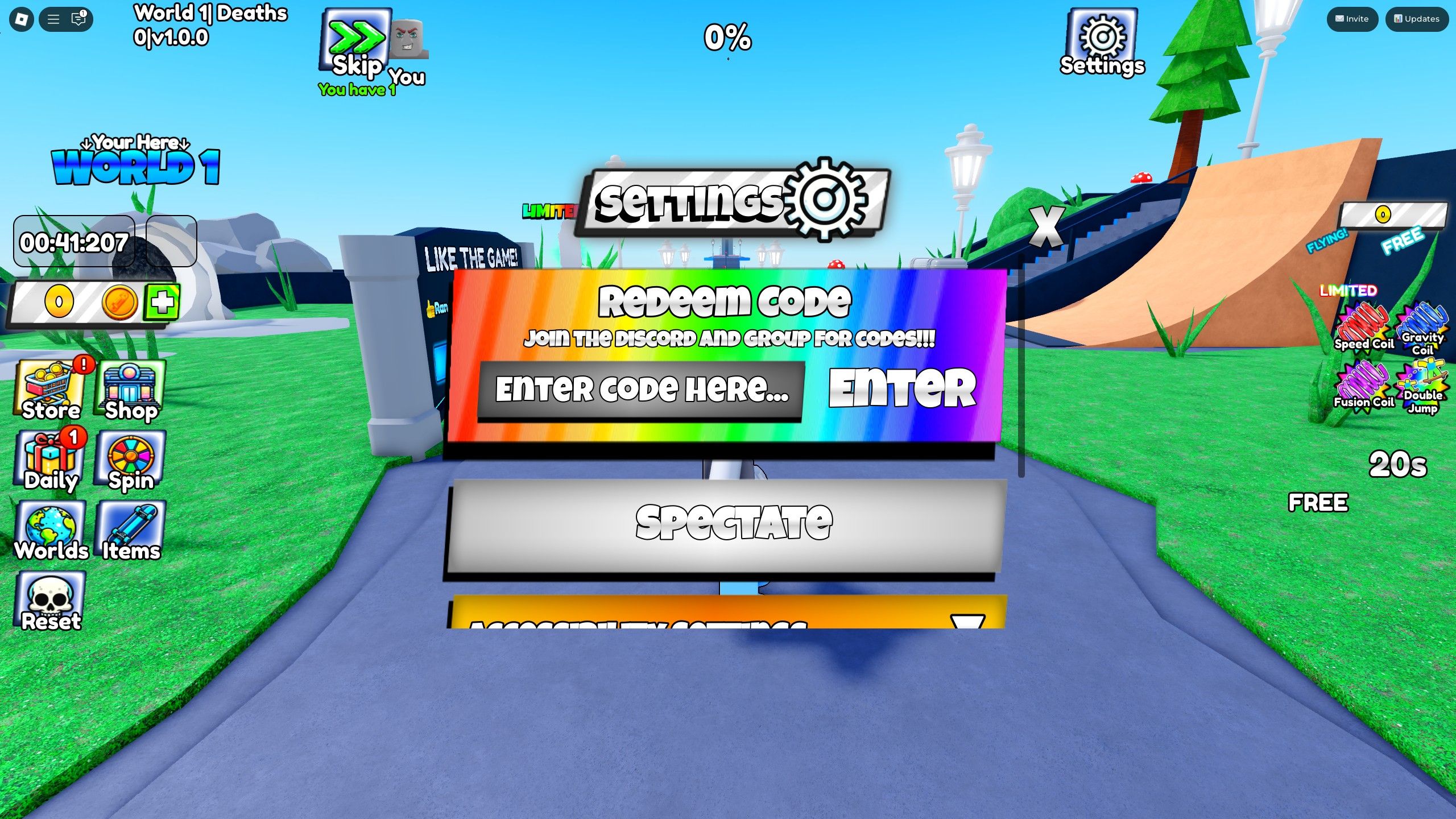 the codes box in Skateboard Legends on Roblox