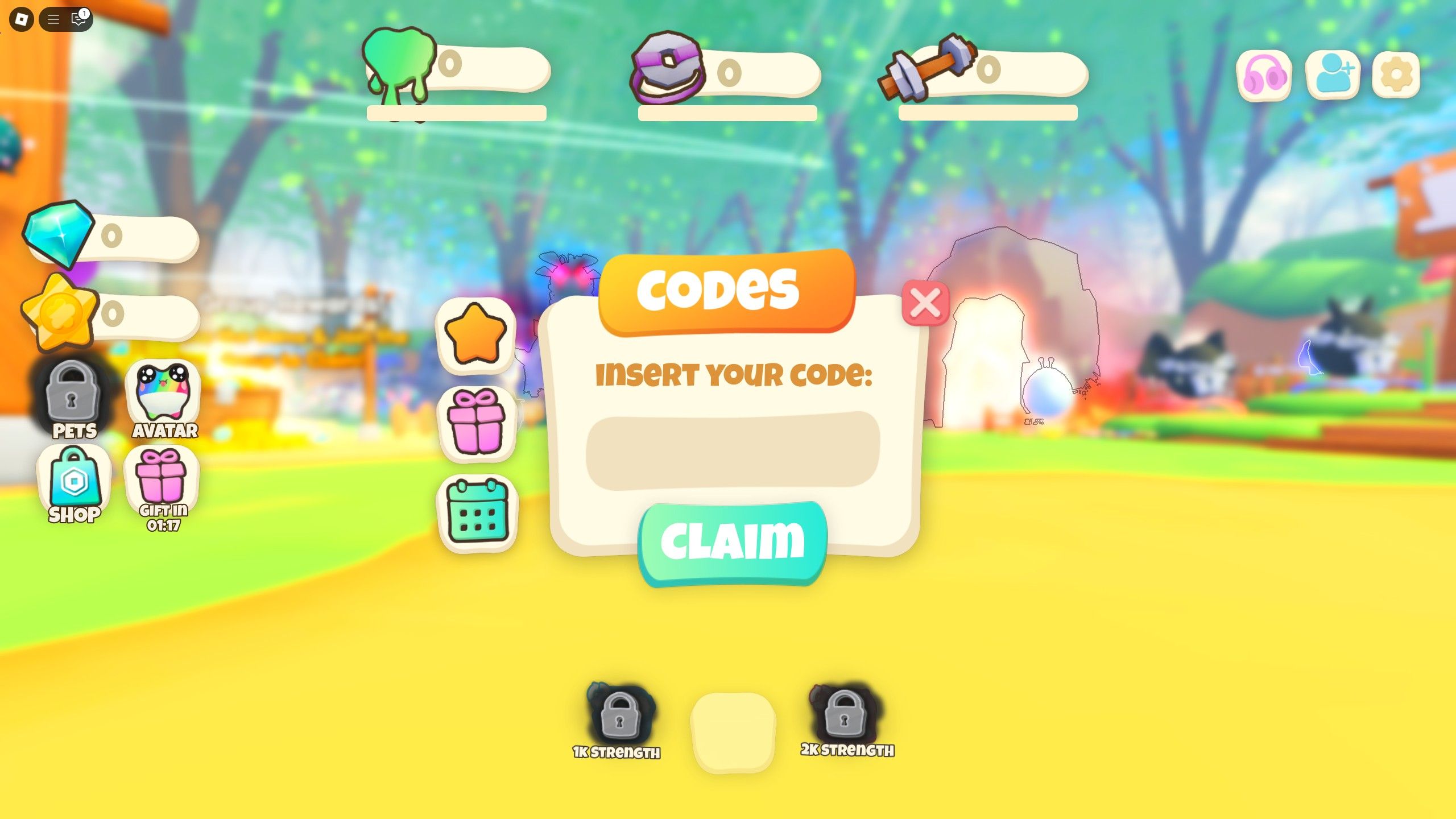 the codes box in Squishy Warriors Simulator on Roblox