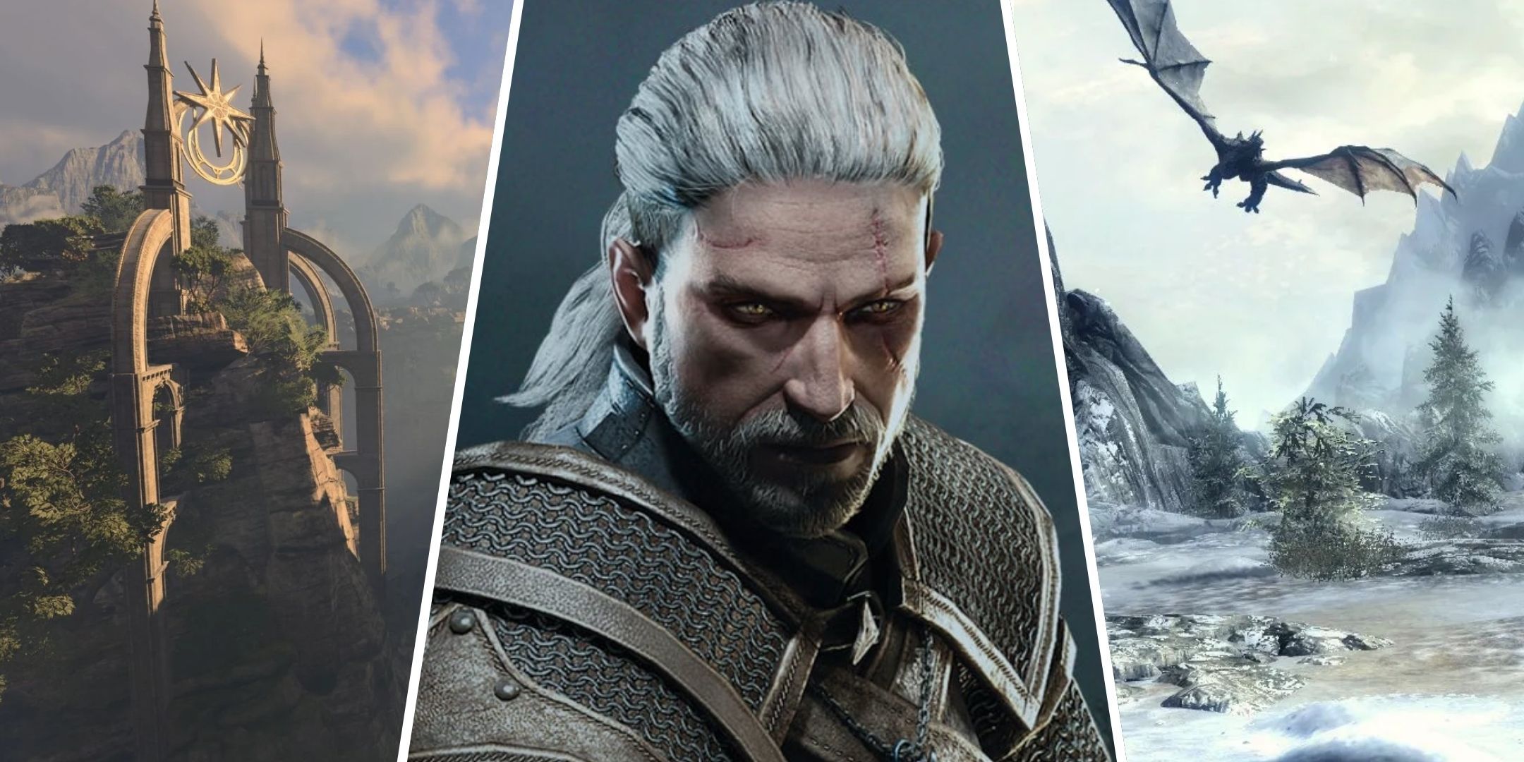 Scene from Baldur's Gate 3, Geralt from Witcher 3, and a scene from Skyrim with a dragon. 