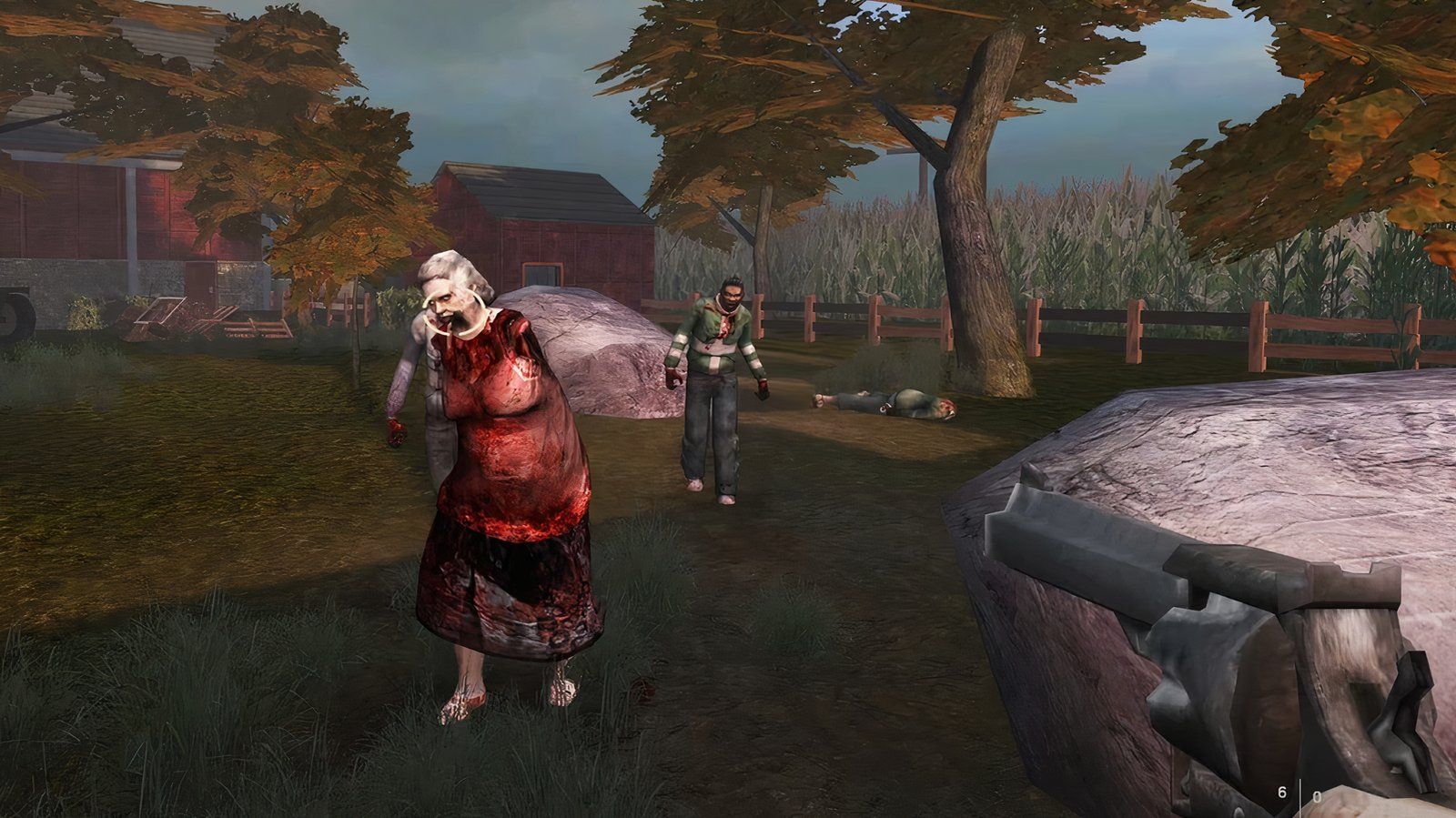 The revolver was aimed at an undead woman chasing the player through the ranch, with two zombies behind her.