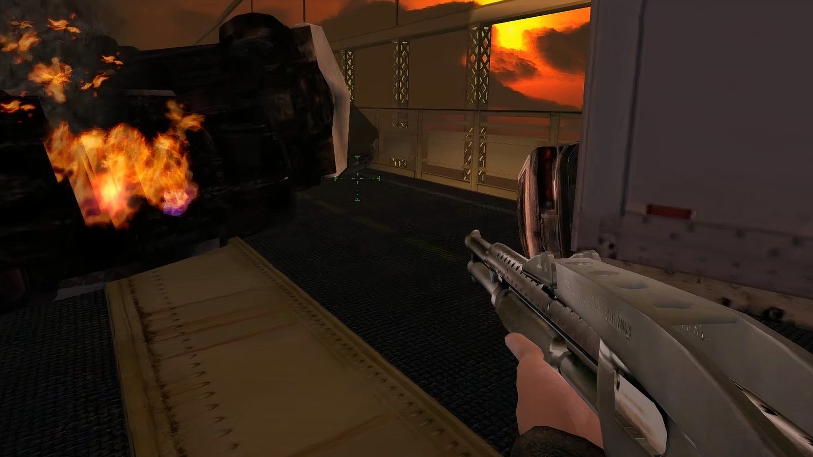 A player crossing a zombie-infested bridge with a shotgun in hand.