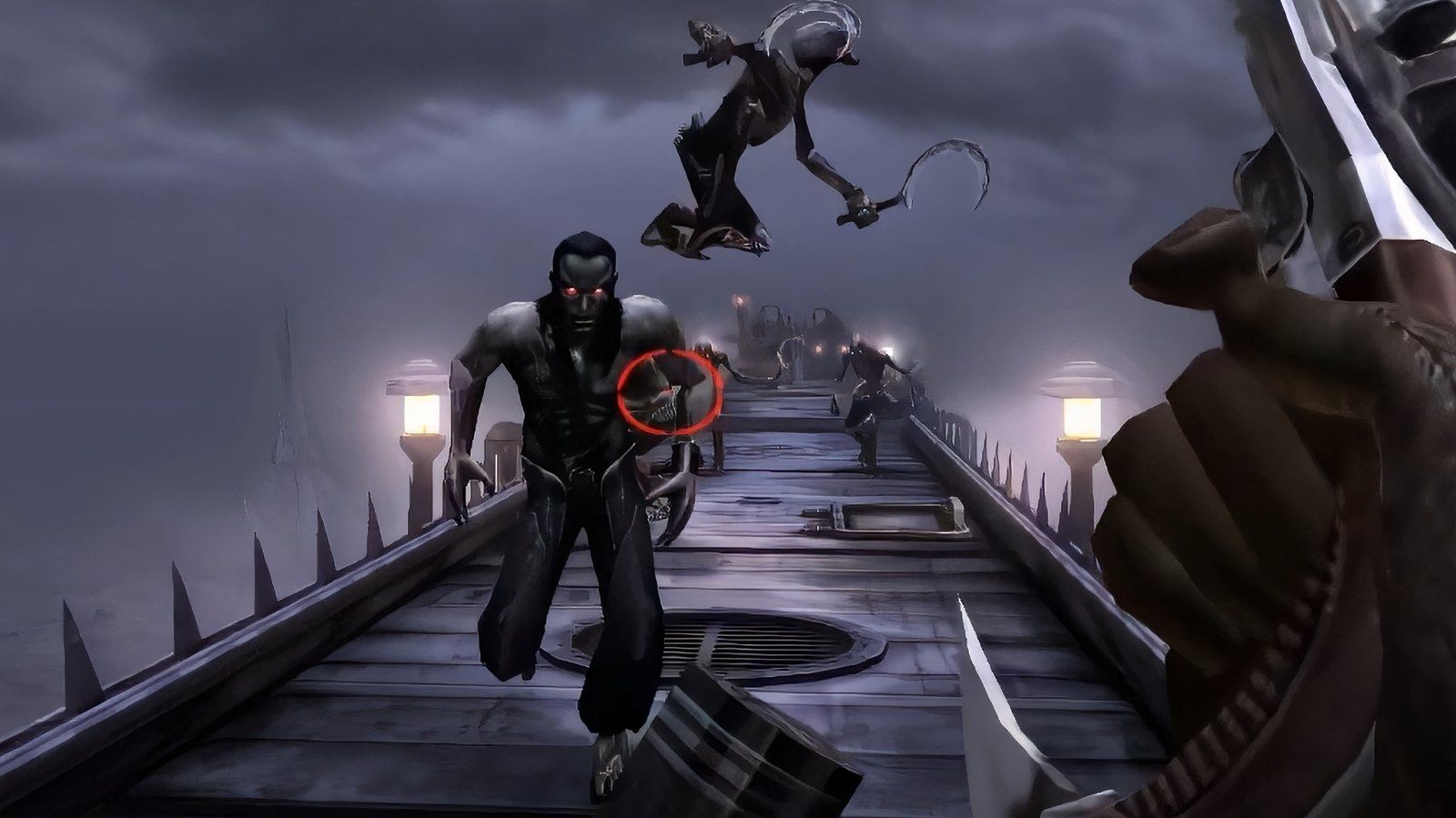 The player reloads the revolver while being attacked by vampires and rushes to the bridge in the fog.