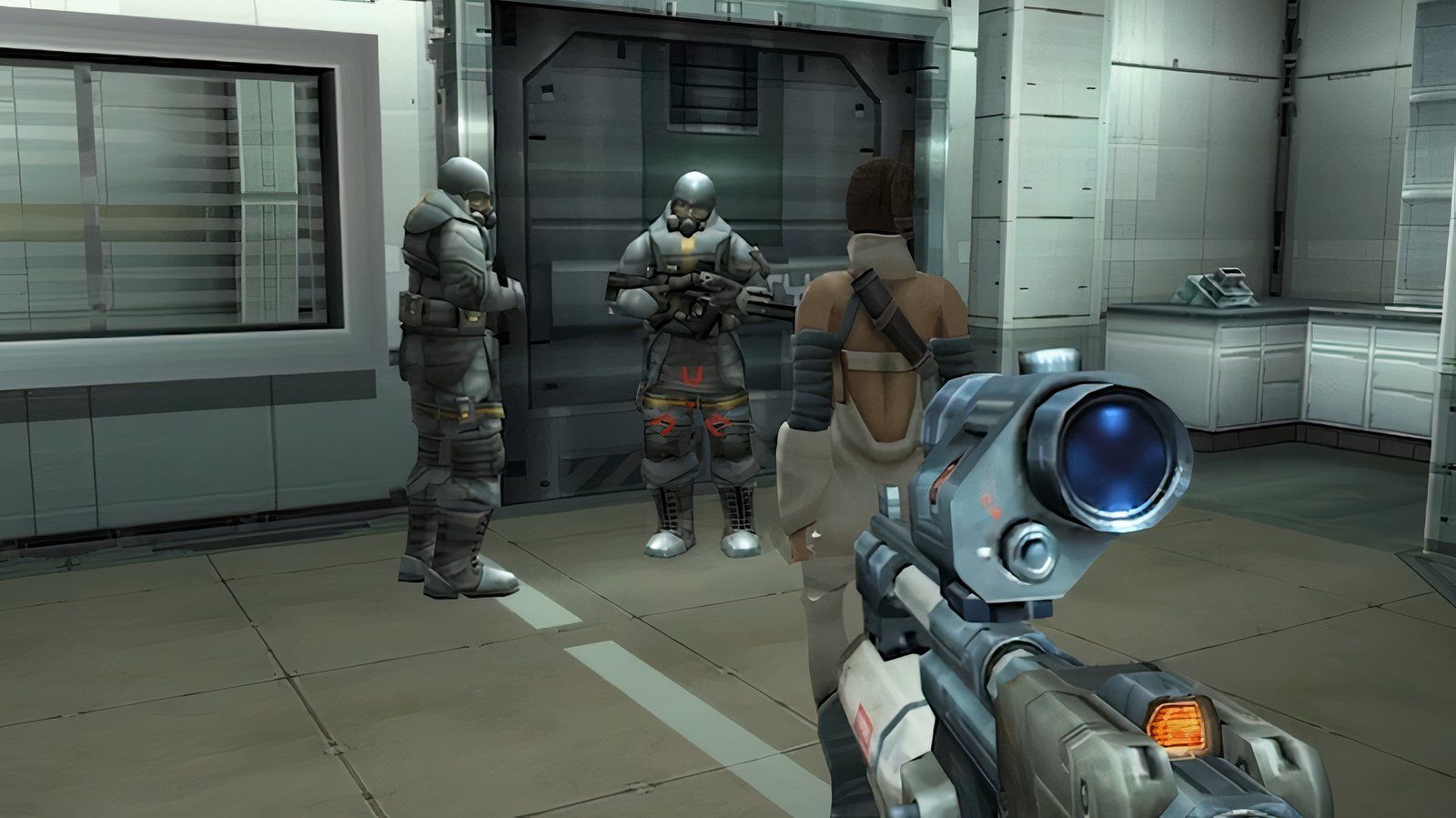 The main character wields a weapon while armed soldiers escort her through the device.