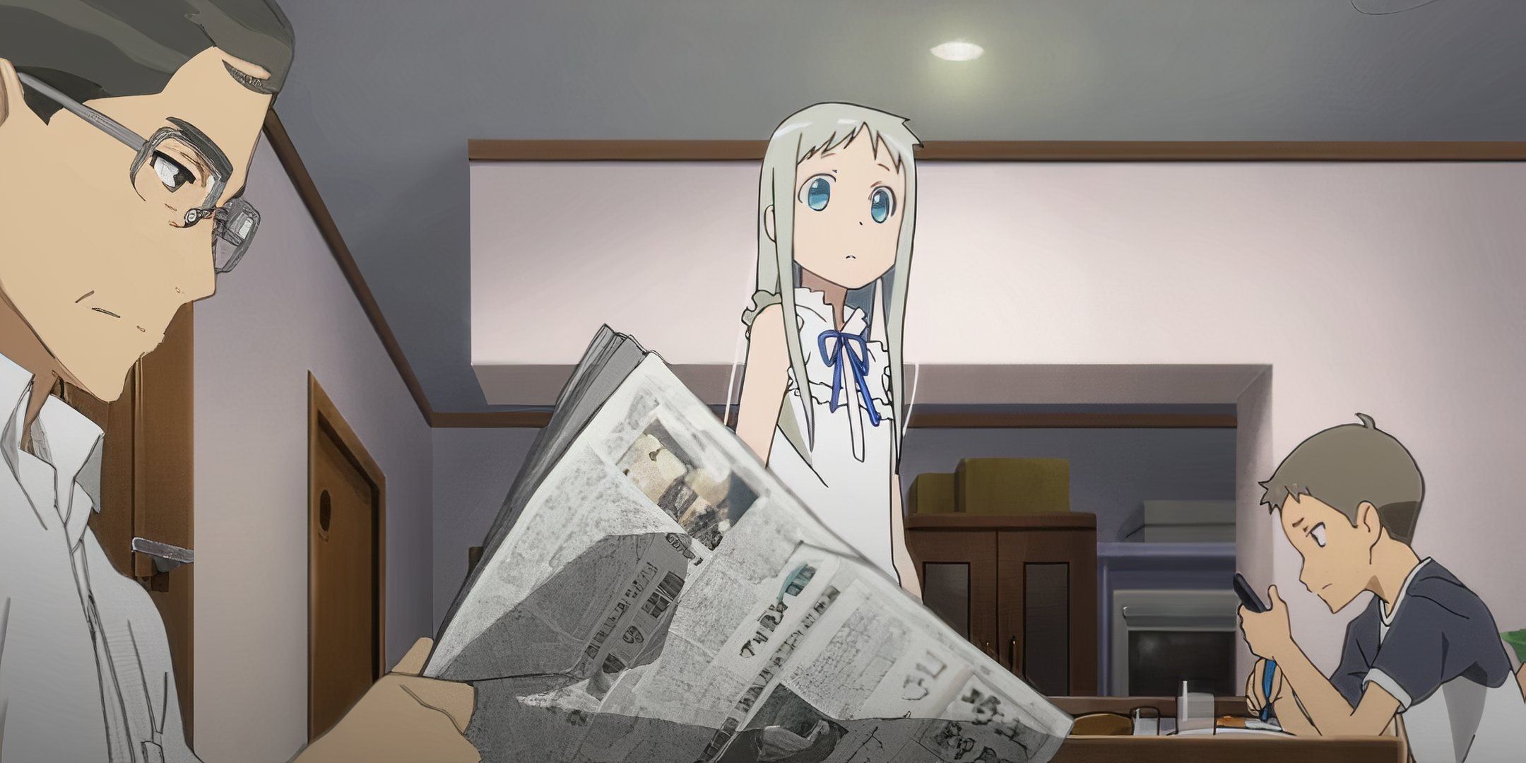 Screenshot of Menma's spirit in standing in her family home with her Father reading a newspaper and brother playing games in Ano Hana.