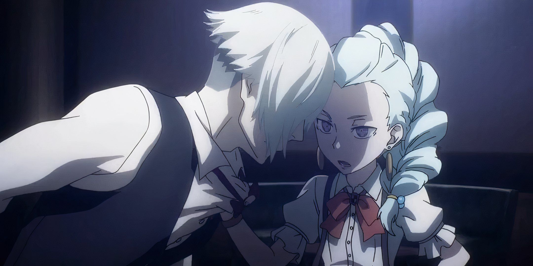 Screenshot of Nona scolding Decim in Death Parade episode 2.