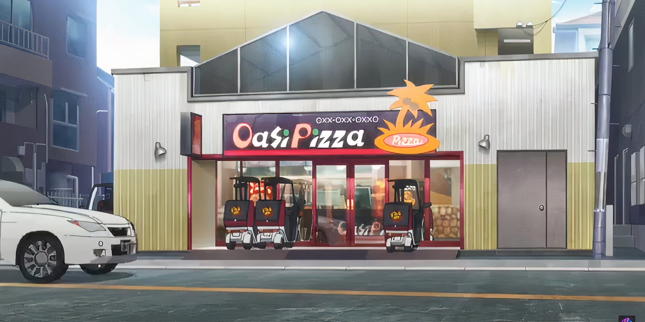 Screenshot of Oasi Pizza storefront from Erased episode 1, where Satoru works.