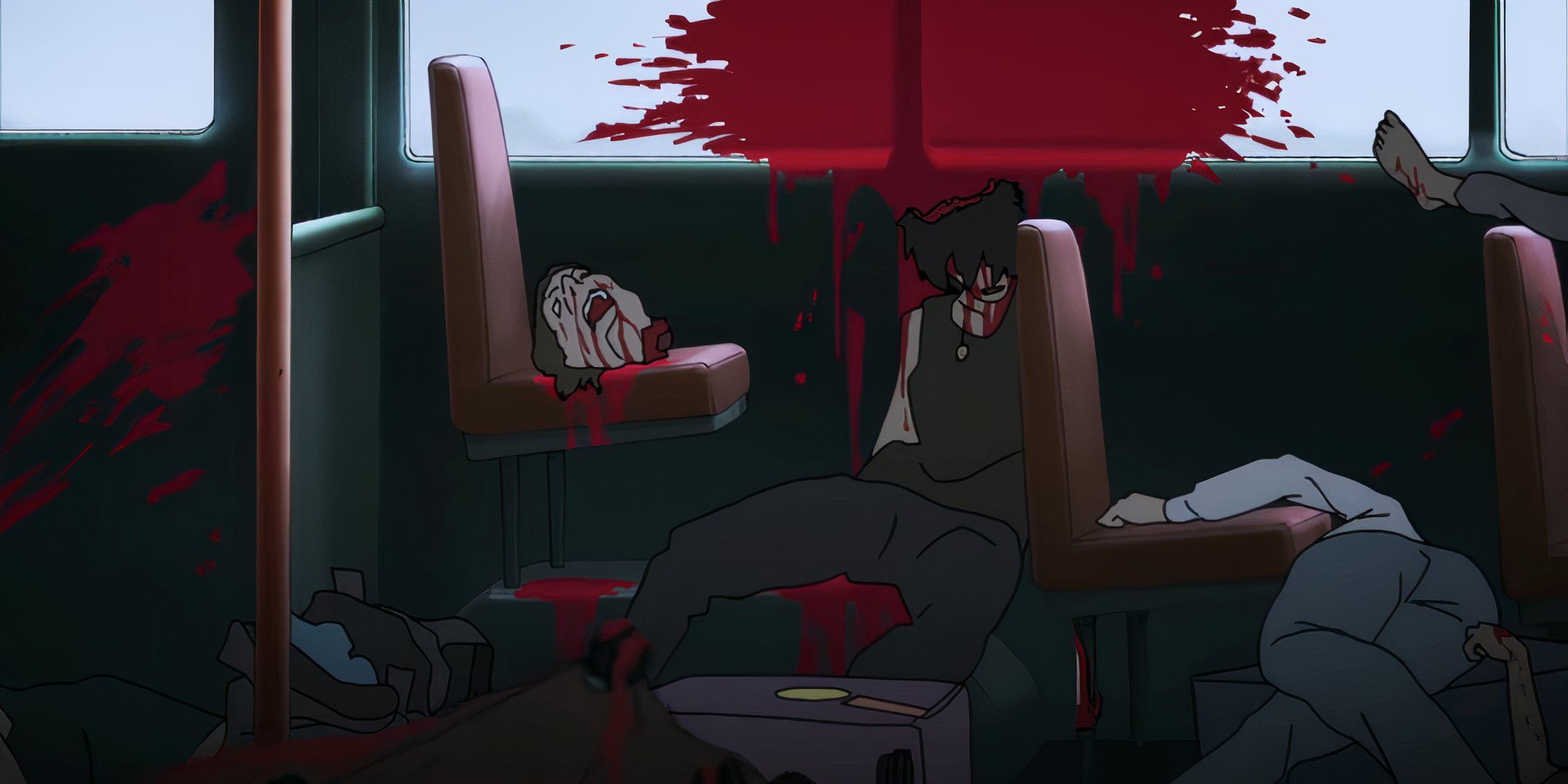 Screenshot of train demon slaughter scene from Devilman Crybaby.