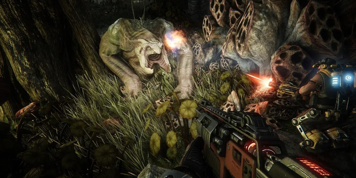 Shooting at the monster in Evolve.