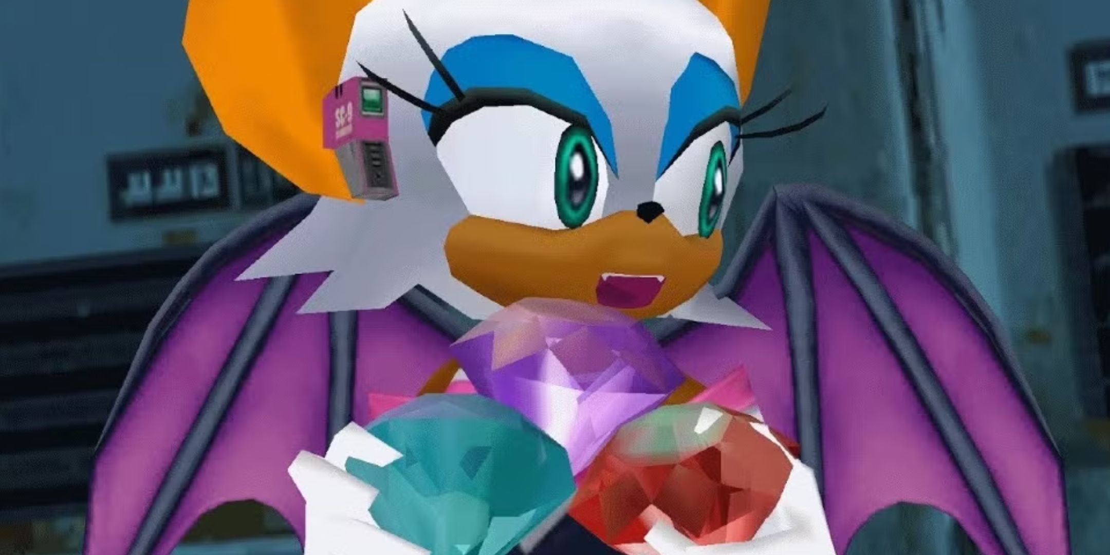 Rouge, a white humanoid bat from Sonic Adventure 2, smiling and holding emeralds