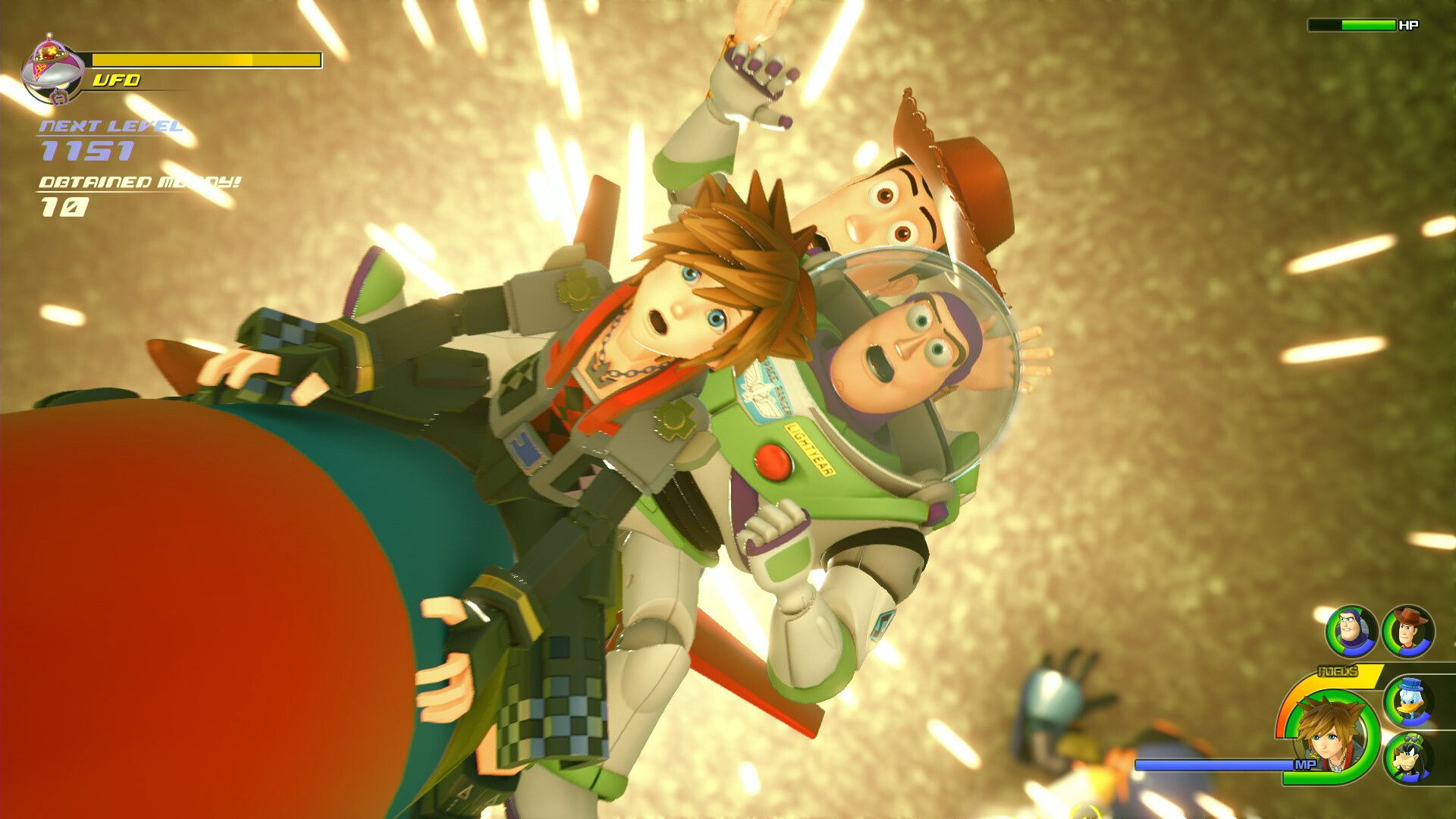 Sora, Buzz and Woody ride a rocket