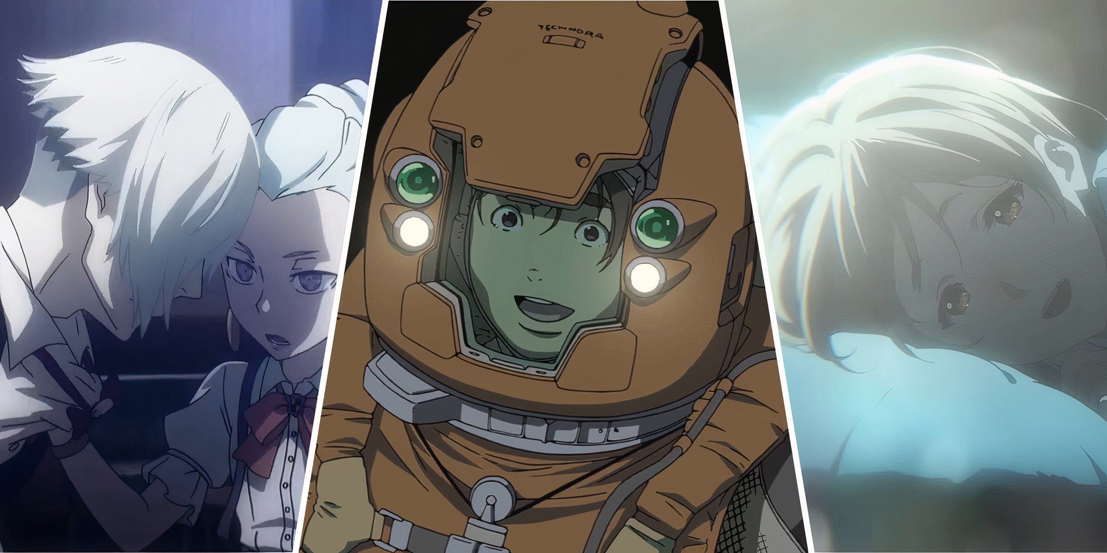 Split image featuring characters from Death Parade, Planetes, and Violet Evergarden.