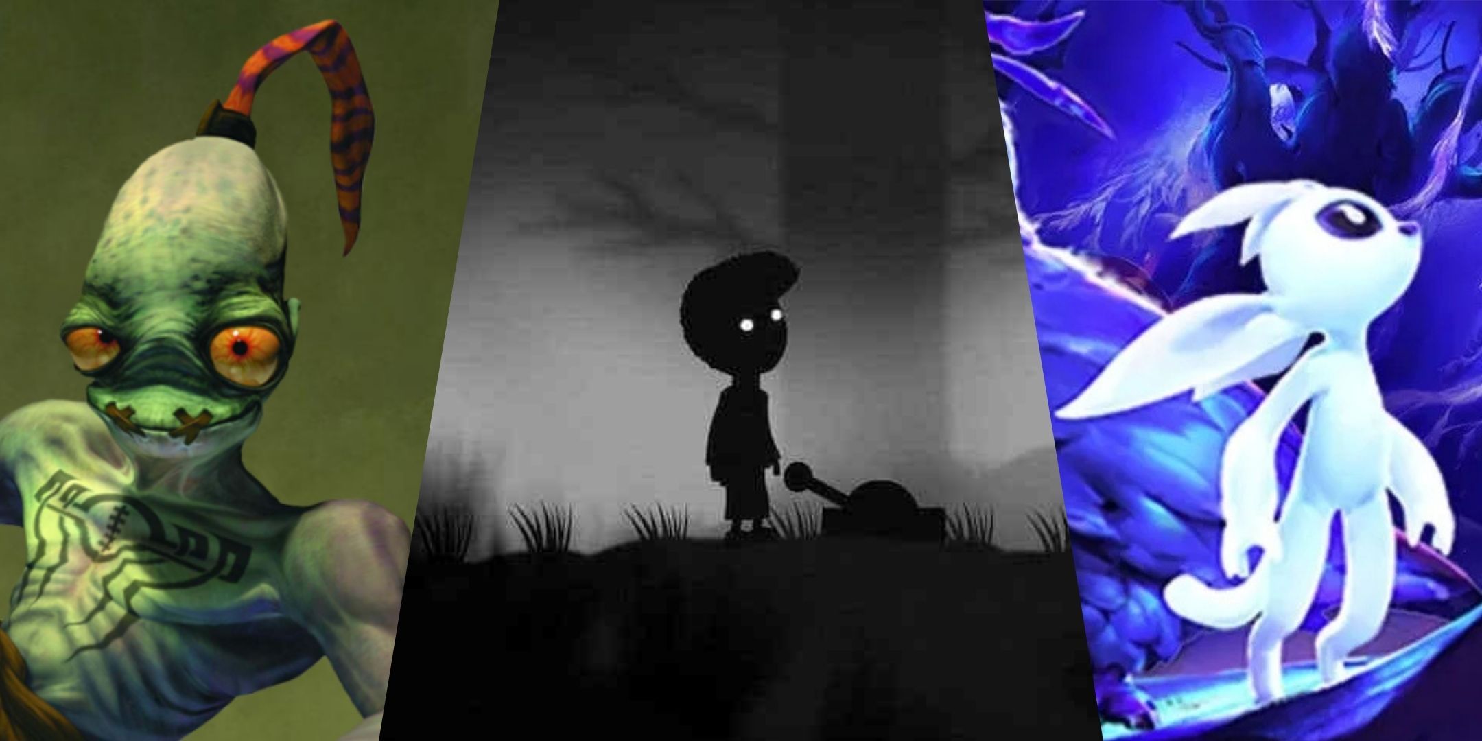 Split image from Oddworld Abe's Oddysee, Limbo, and Ori and the Will of the Wisps.