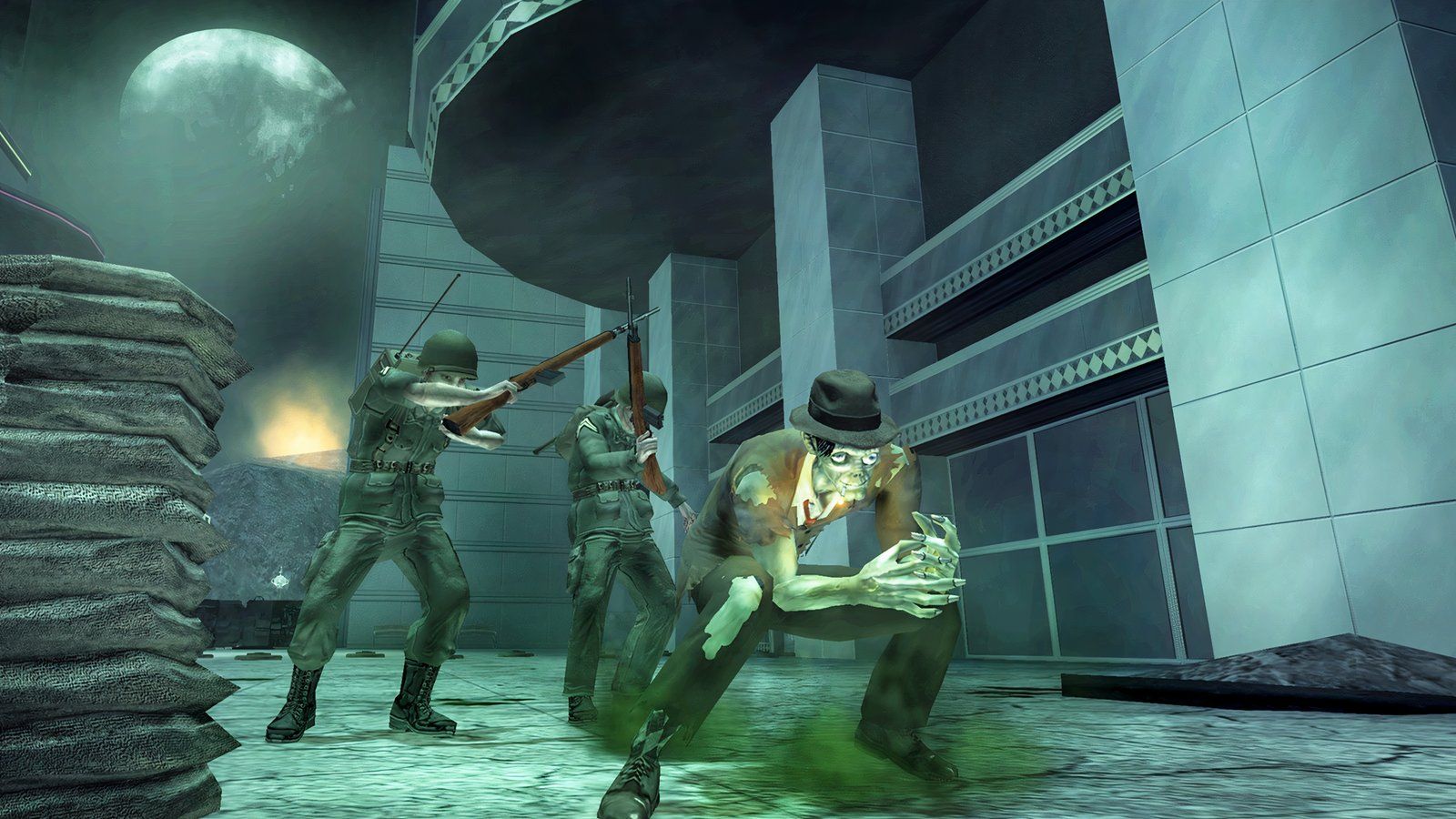 Zombie Stubbs charges his power as the soldiers behind him cover their faces.