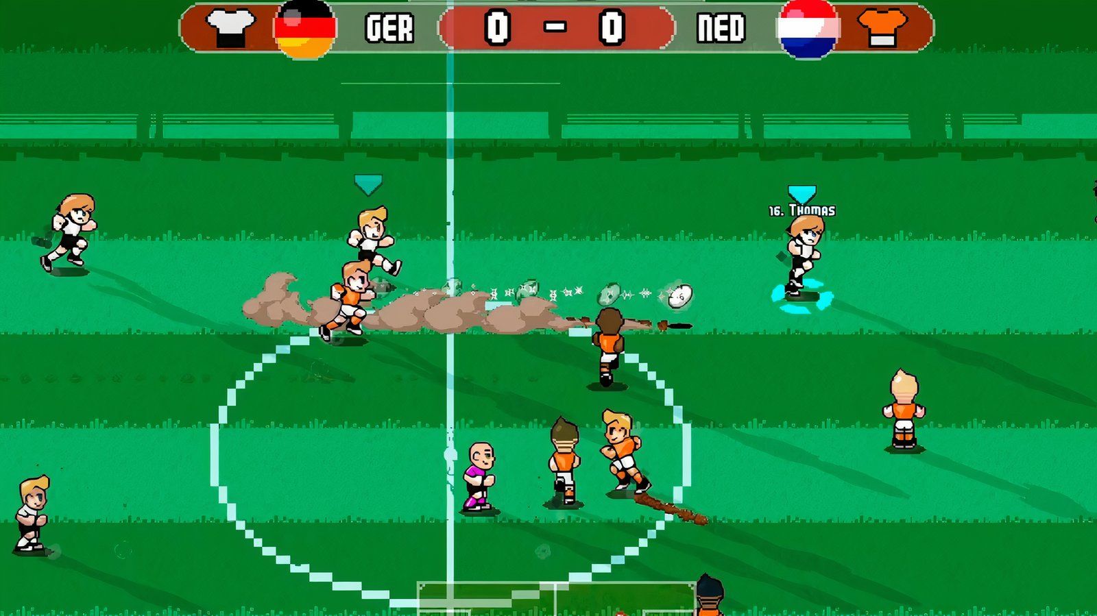 German Player passing the ball to his teammate on soccer pitch.