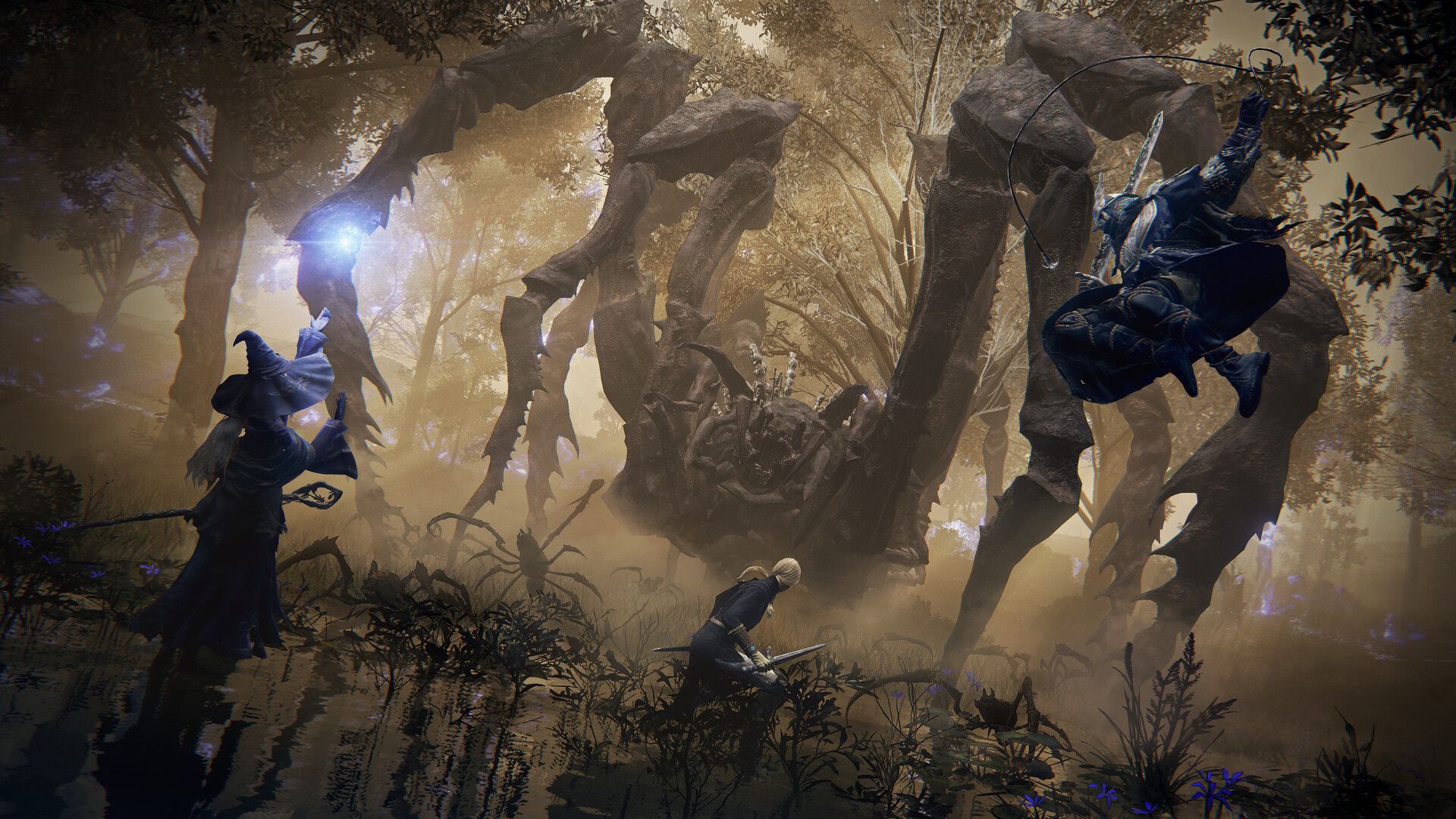 Elden Ring Nightreign screenshot of three players fighting a giant spider in the woods.