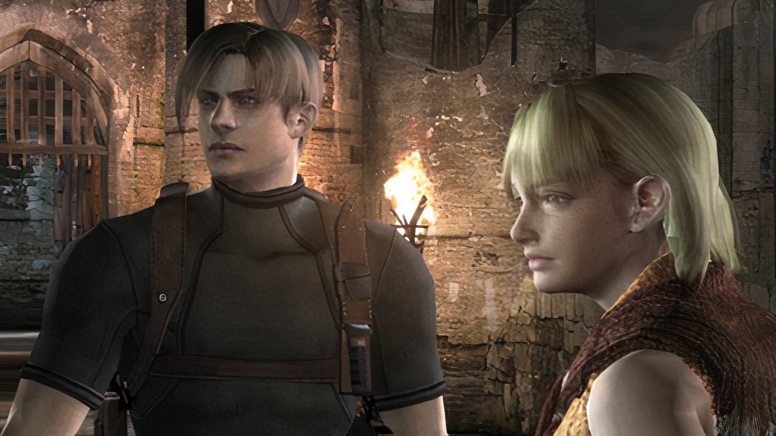 Leon Kennedy and Ashley Graham stare into the distance outside the castle entrance.
